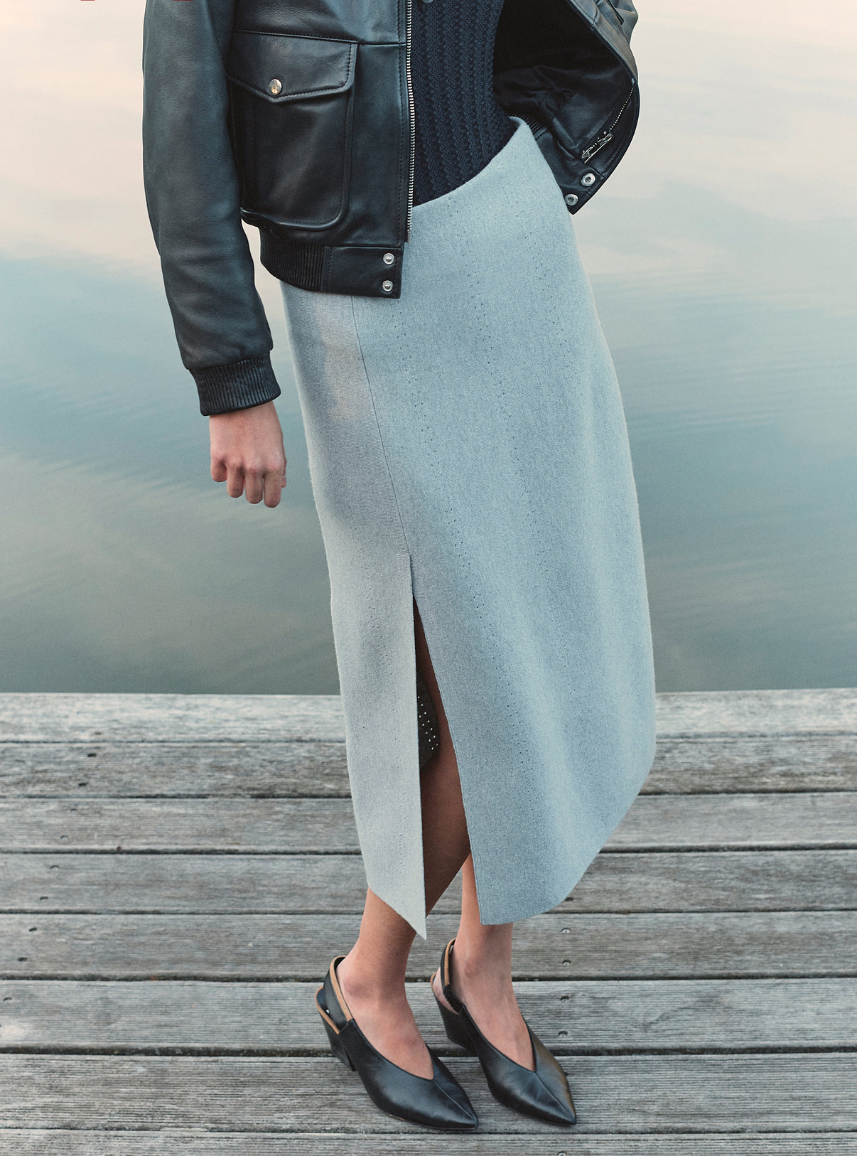 Jupe mi-longue maille fendue Gris souris - Vêtement de luxe femme