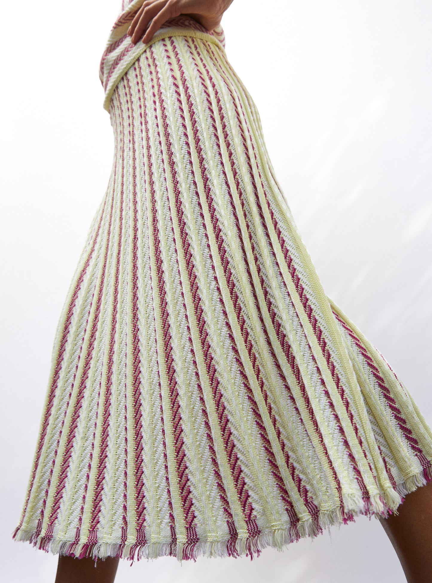 Jupe de luxe femme - Jupe fluide maille chevron paille-bougainvillier-milk