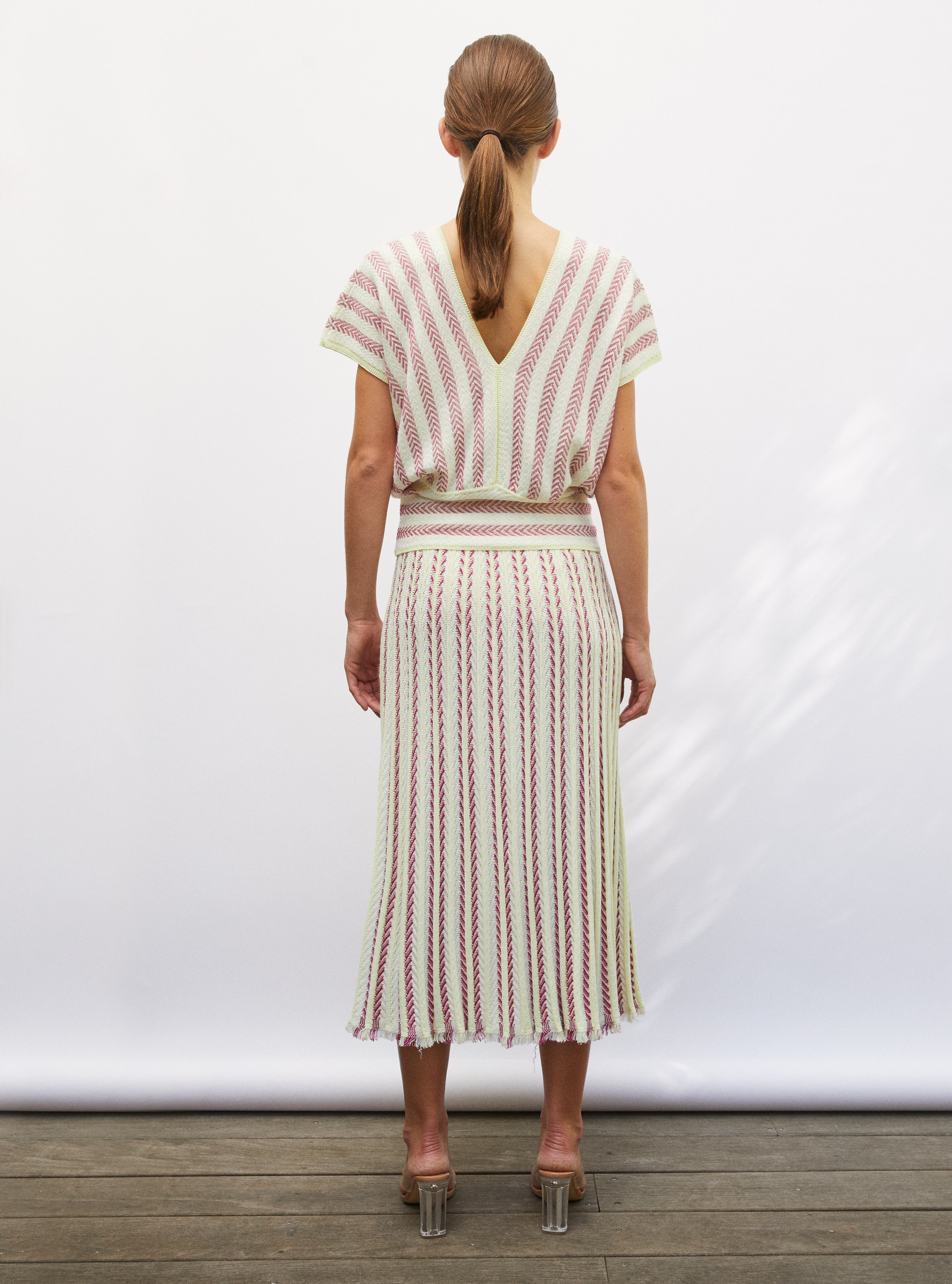 Jupe fluide maille chevron paille-bougainvillier-milk - Vêtement de luxe femme