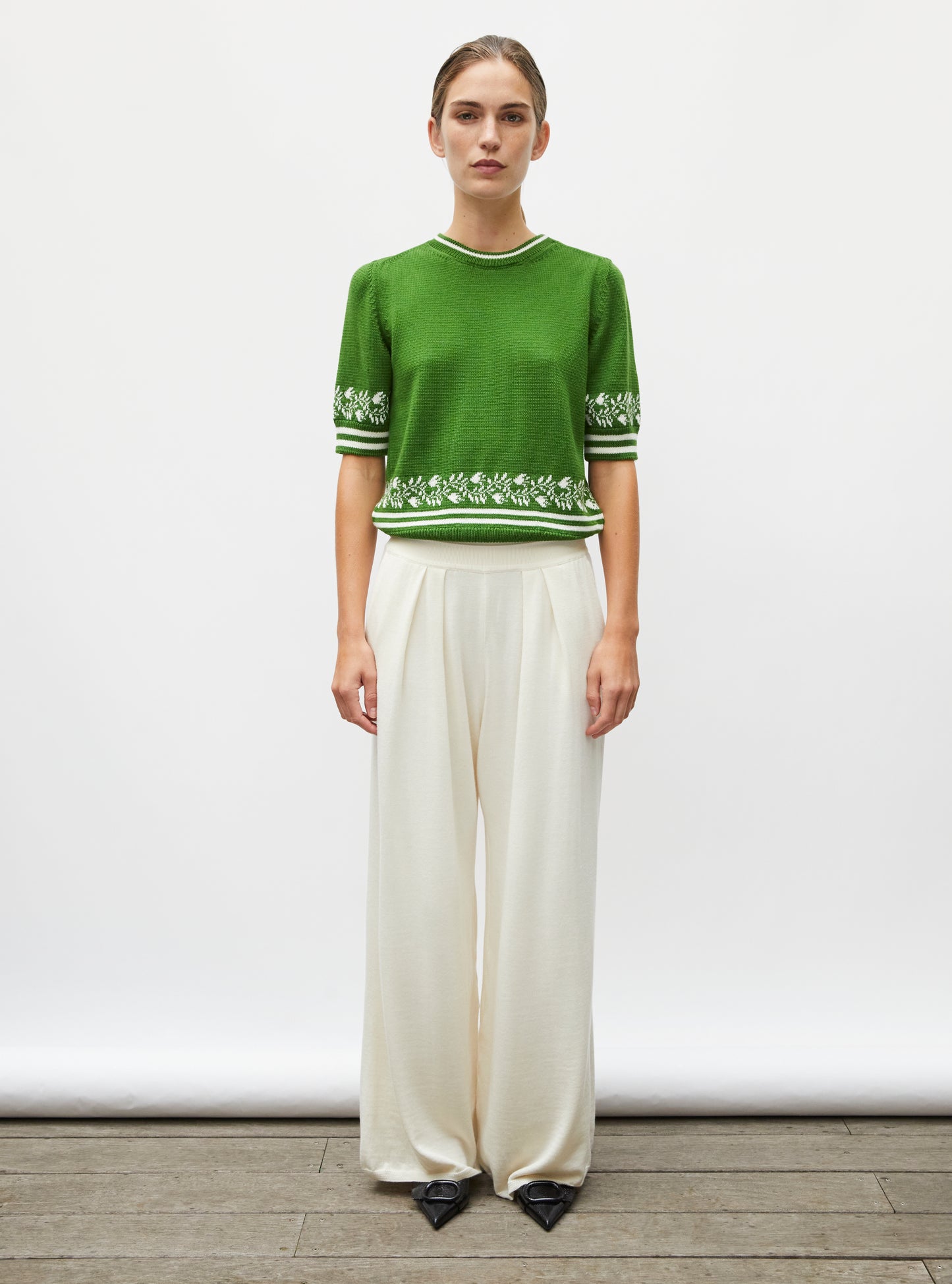 Top de luxe femme - Top maille détails jacquard matcha naturel