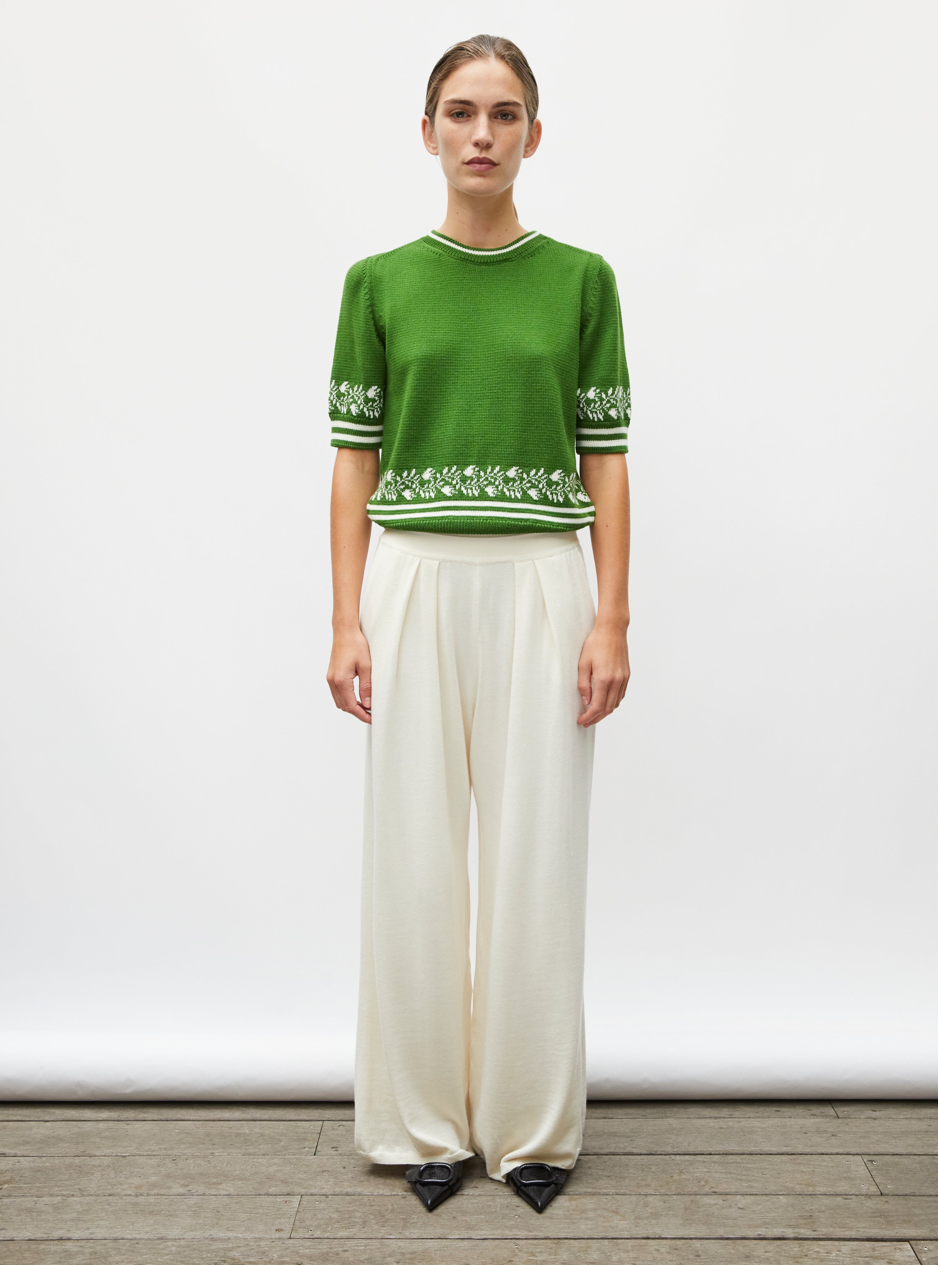 Top de luxe femme - Top maille détails jacquard matcha naturel