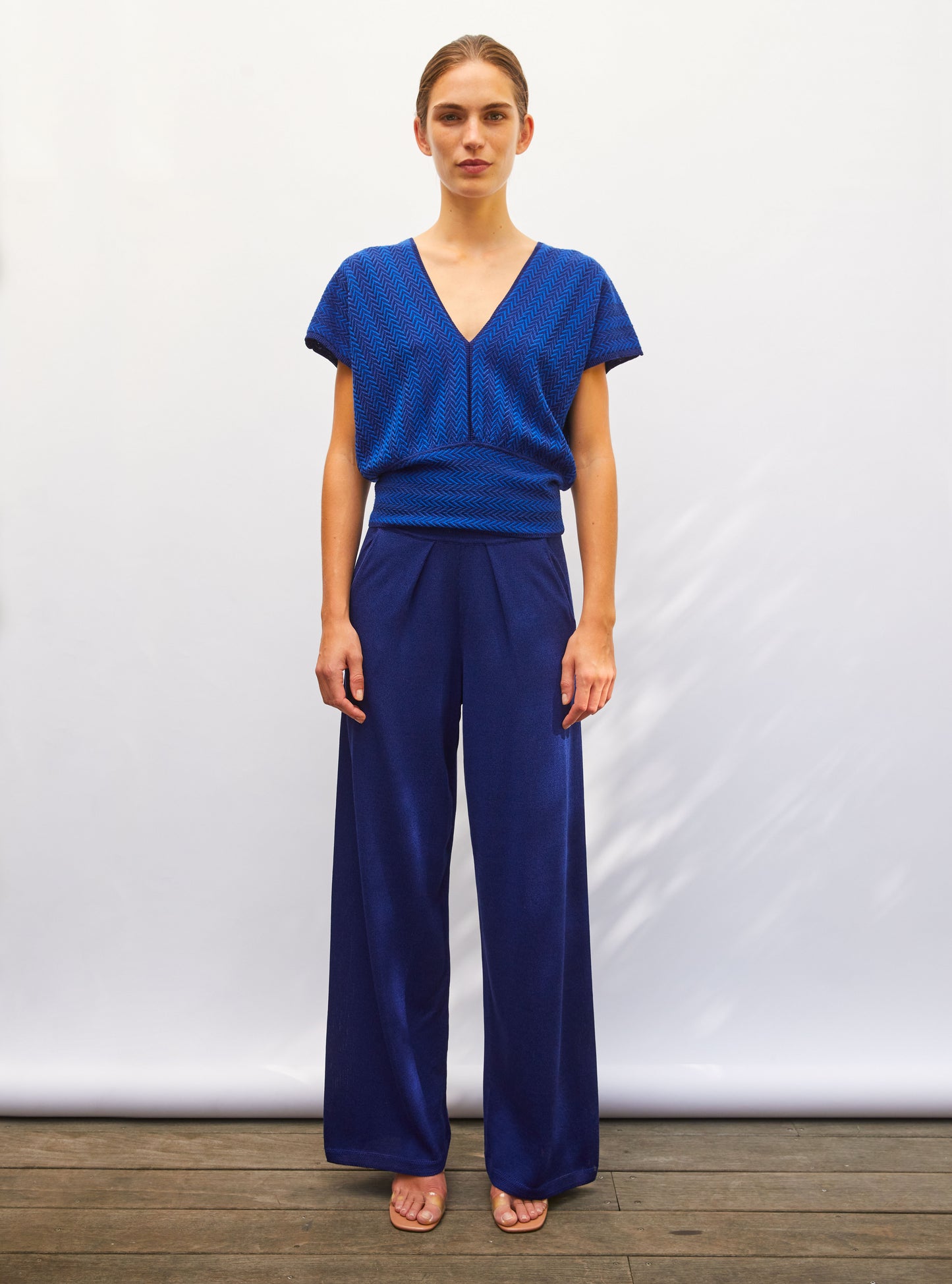 Top en maille de luxe Molli - Top V maille chevron bleu faïence