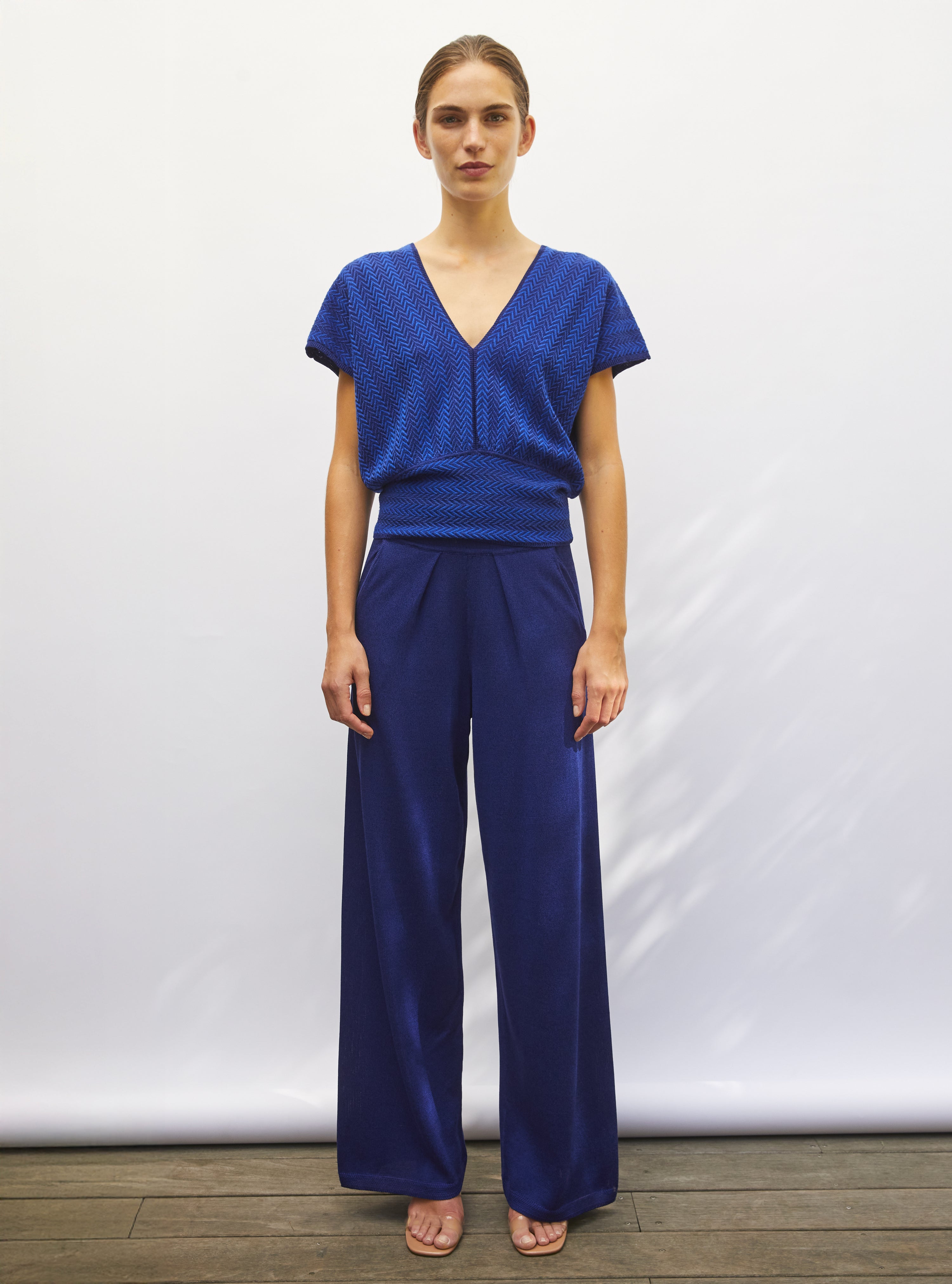 pantalon fluide maille légère bleu faience - vêtement en maille de luxe Molli