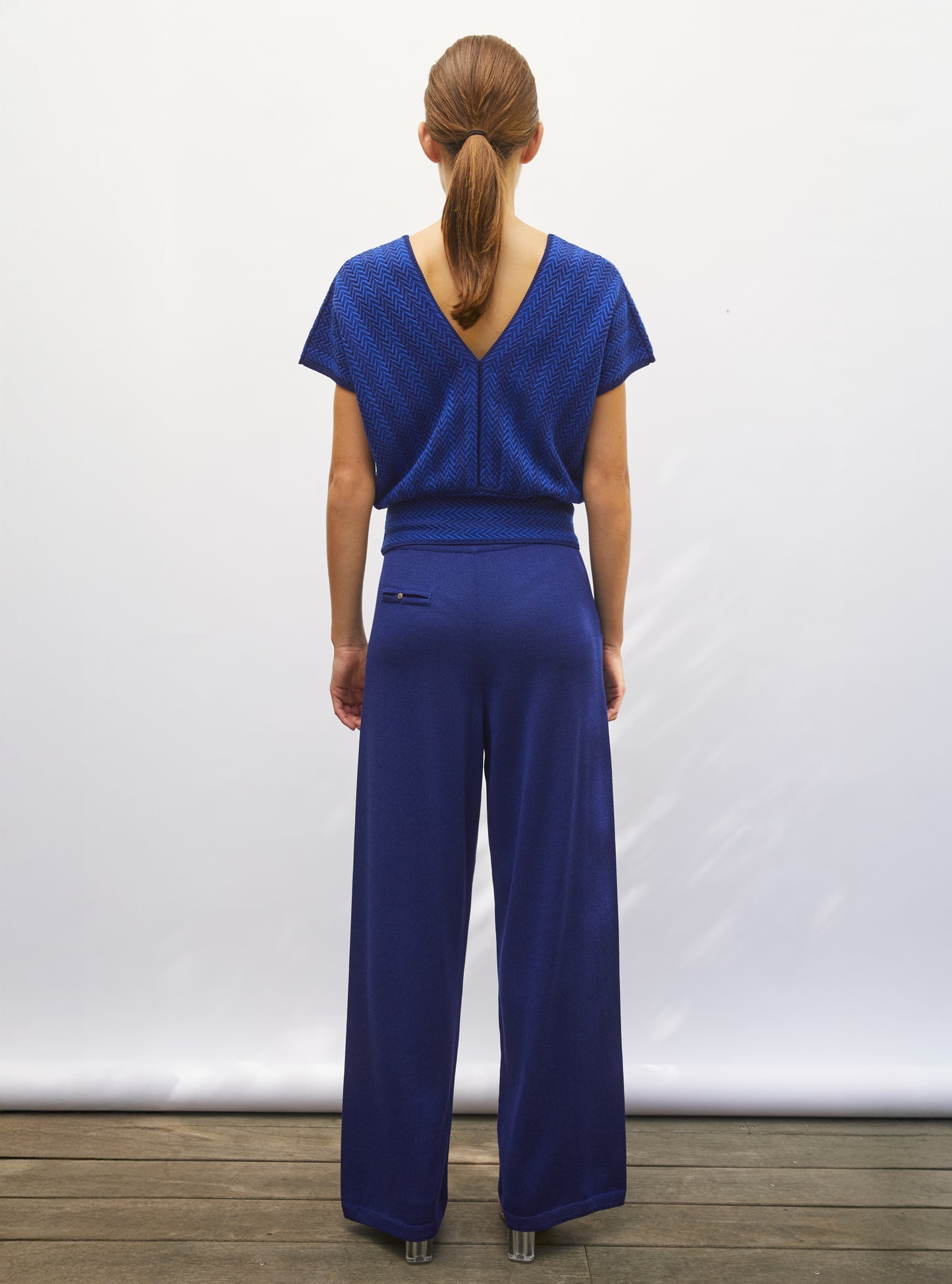 Pantalon de luxe femme - Pantalon fluide maille légère bleu faïence