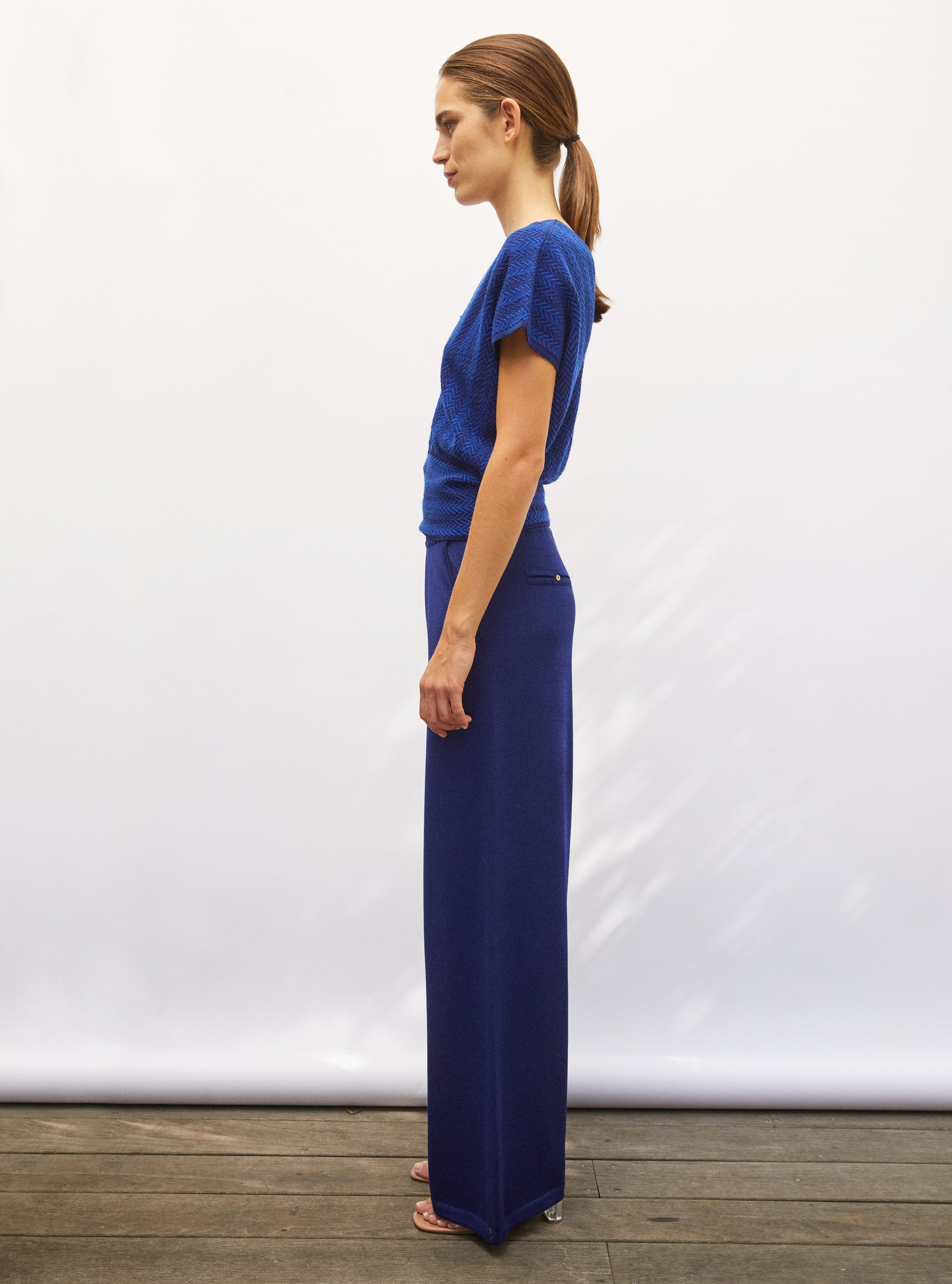 Top de luxe femme - Top V maille chevron bleu faïence