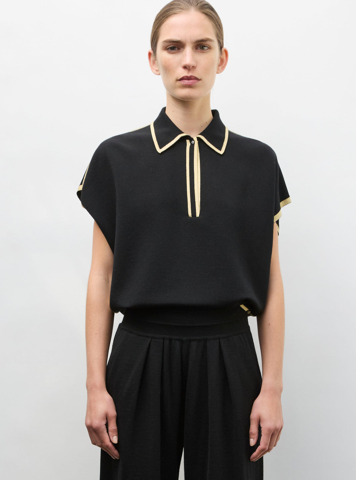 Top ample maille col gansé noir profond-or - Vêtement de luxe femme