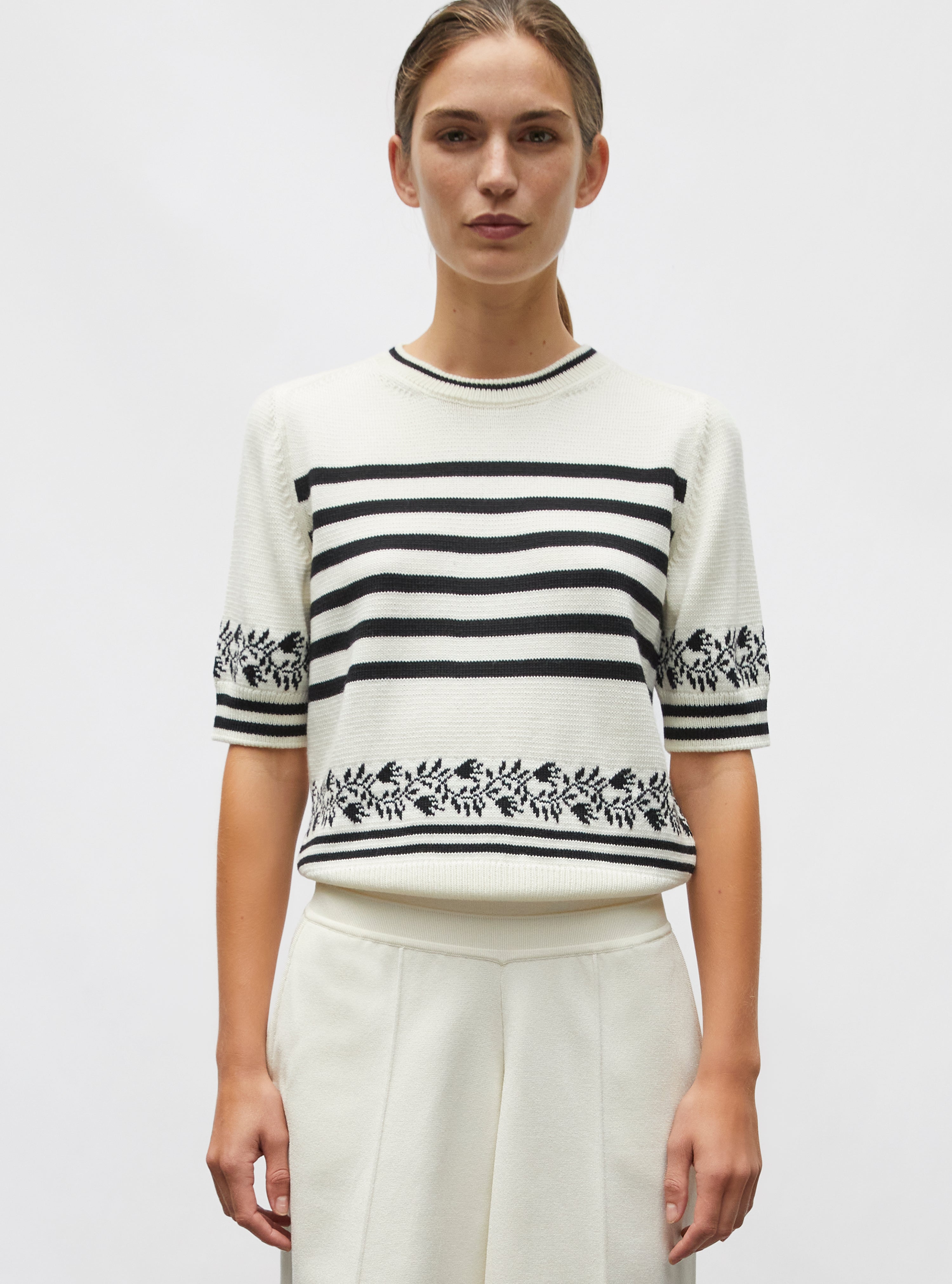 Top marinière maille florale naturel - Vêtement en maille de luxe Molli