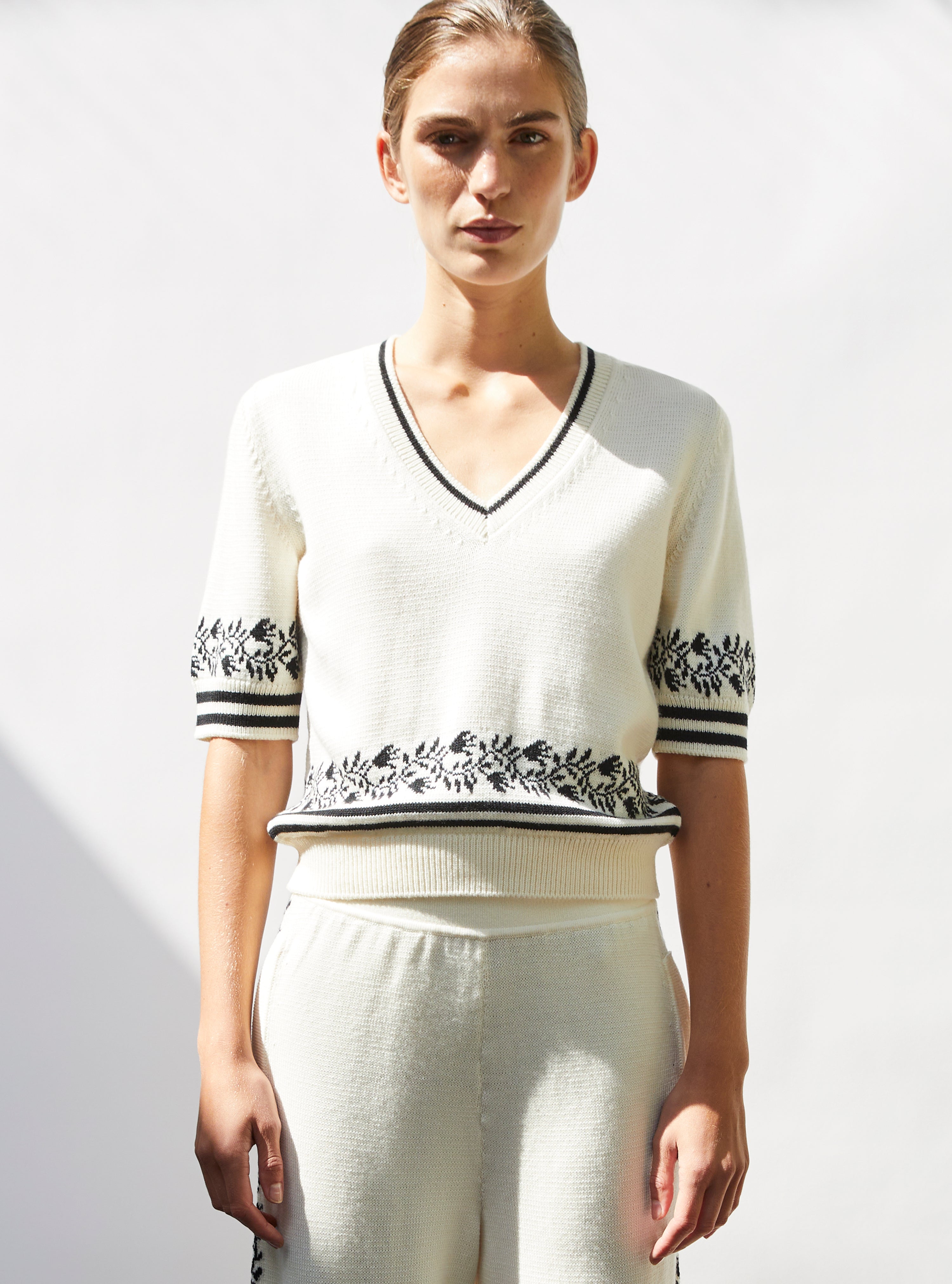 Top V maille jacquard naturel-noir profond - Vêtement en maille de luxe Molli