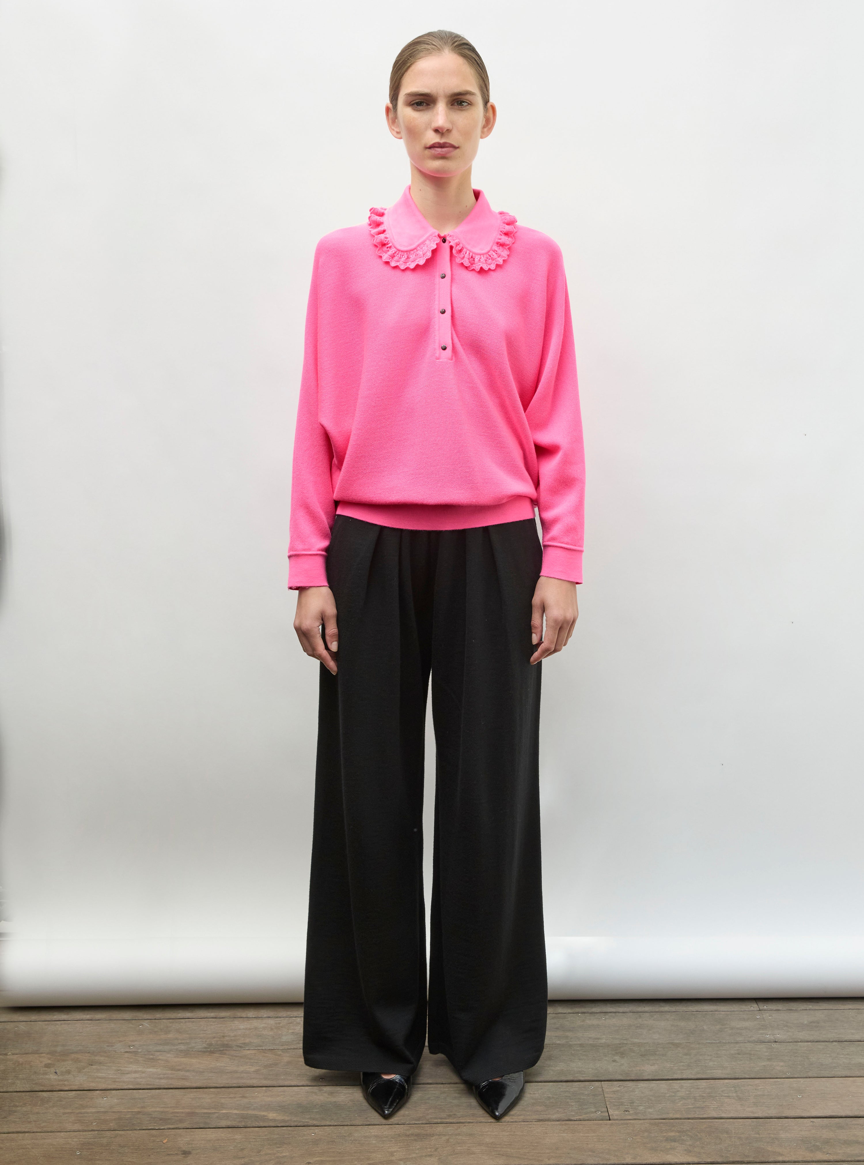 Top ample col dentelle rose fluo - Vêtement en maille de luxe Molli