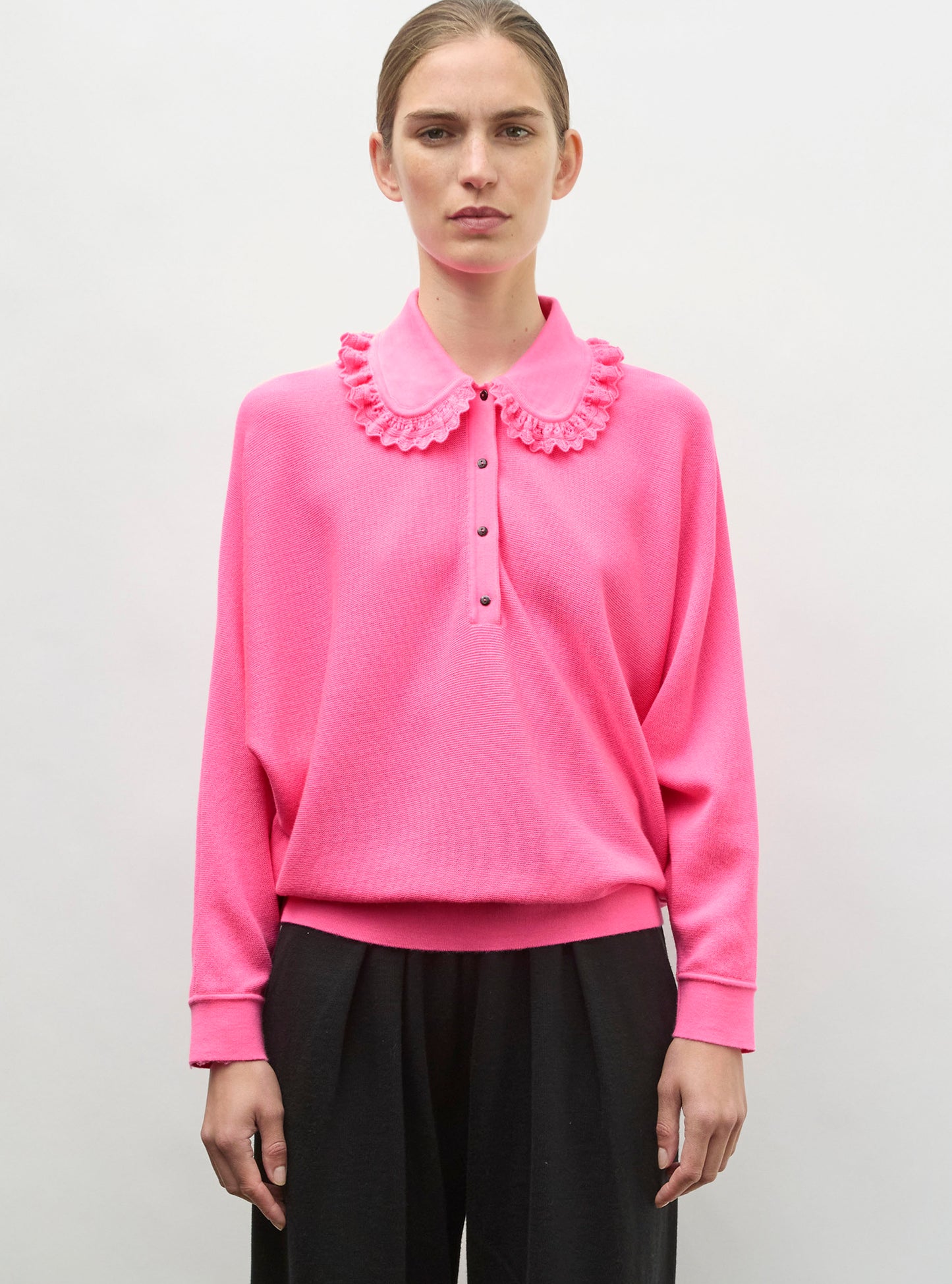 Top ample col dentelle rose fluo - Vêtement de luxe femme