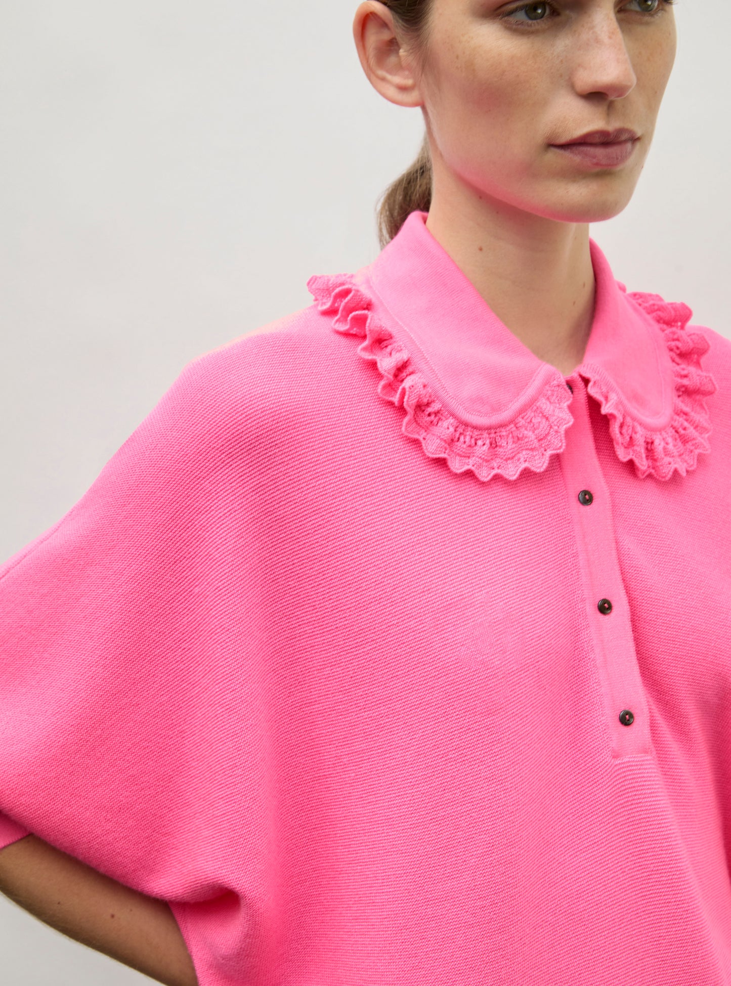 Top en maille de luxe Molli - Top ample col dentelle rose fluo