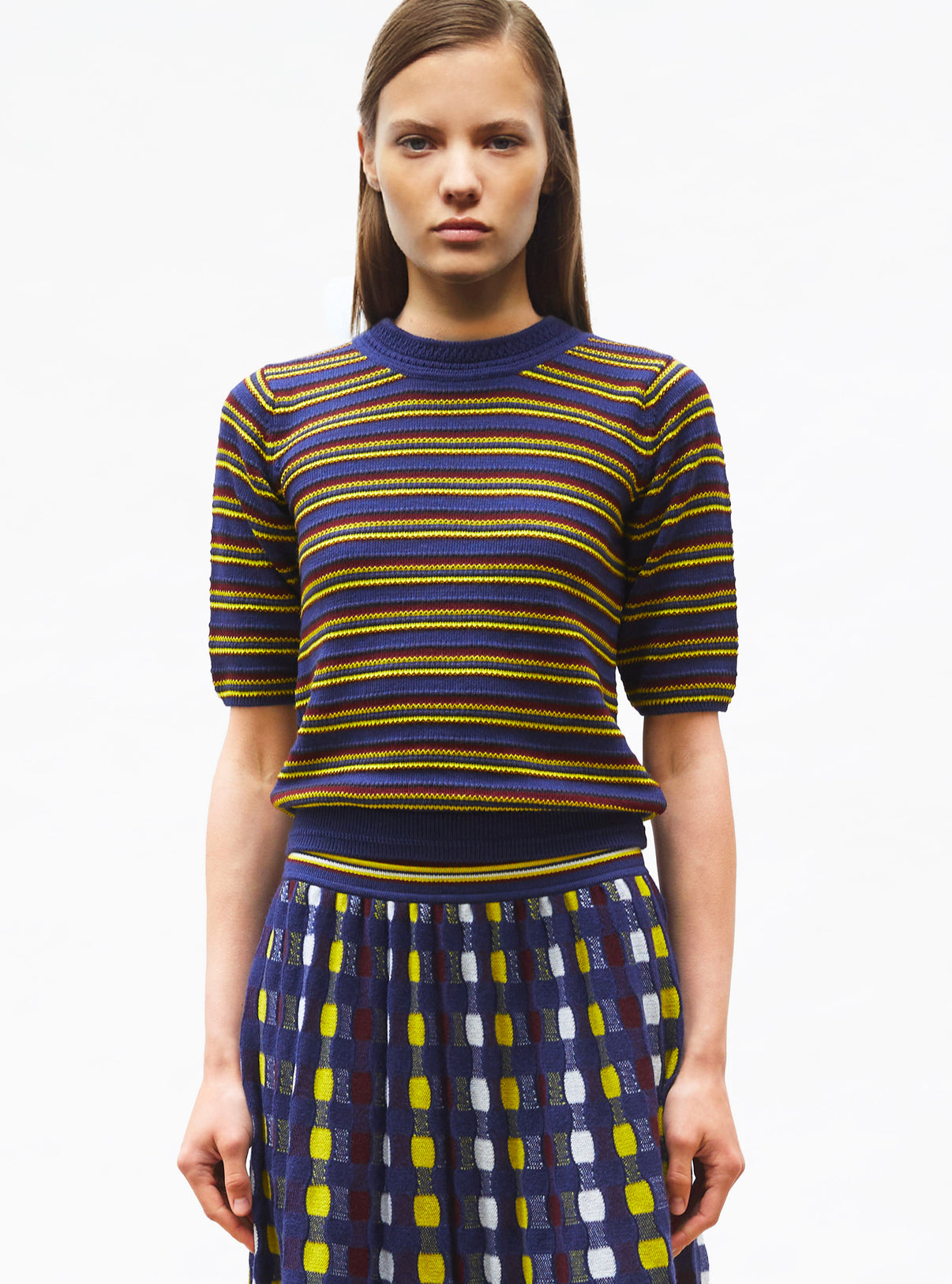 Top fin maille rayée colorée indigo amarante mimosa - Vêtement en maille de luxe Molli