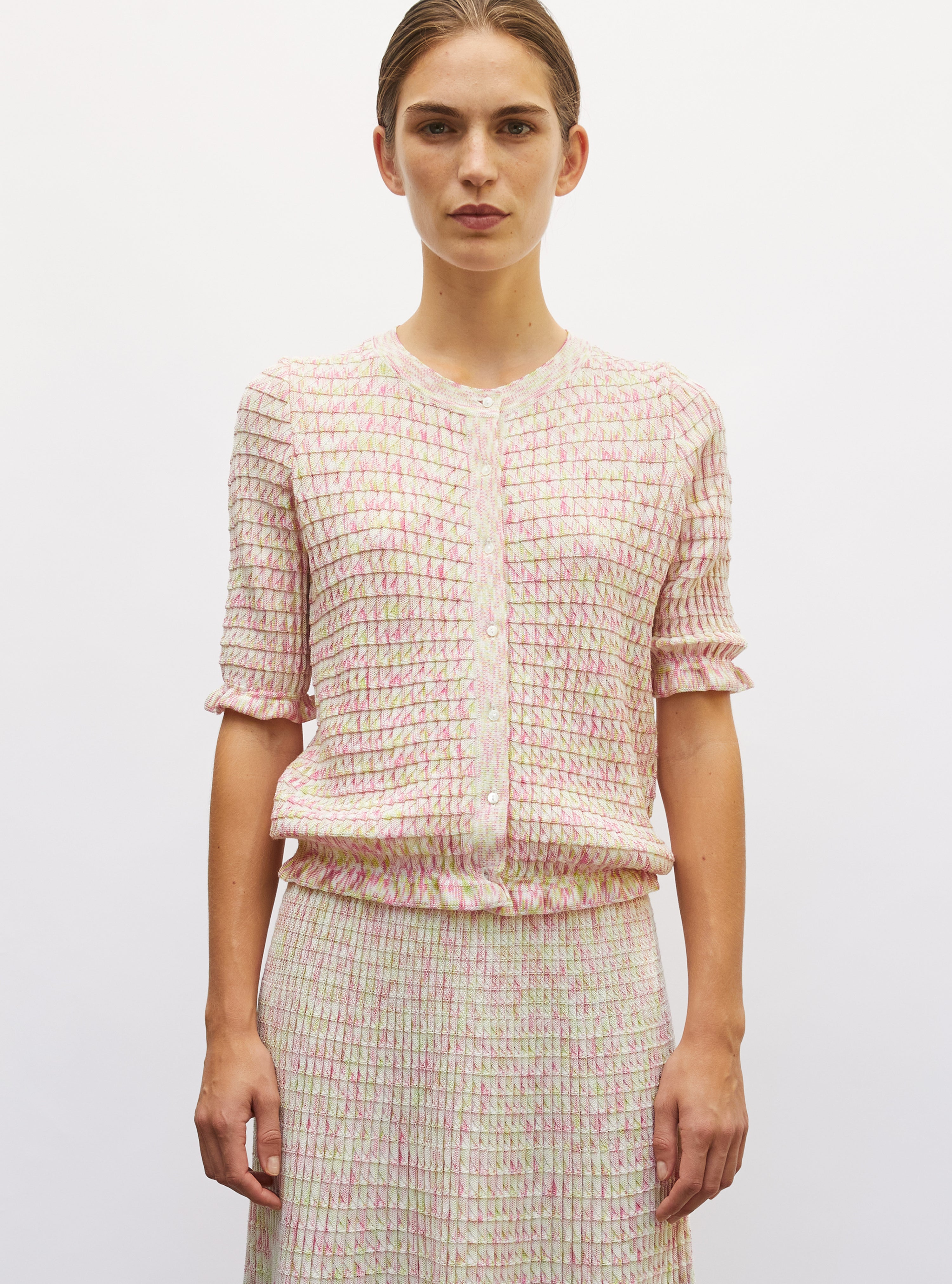 Cardigan maille origami naturel-multi-rose - Vêtement en maille de luxe Molli