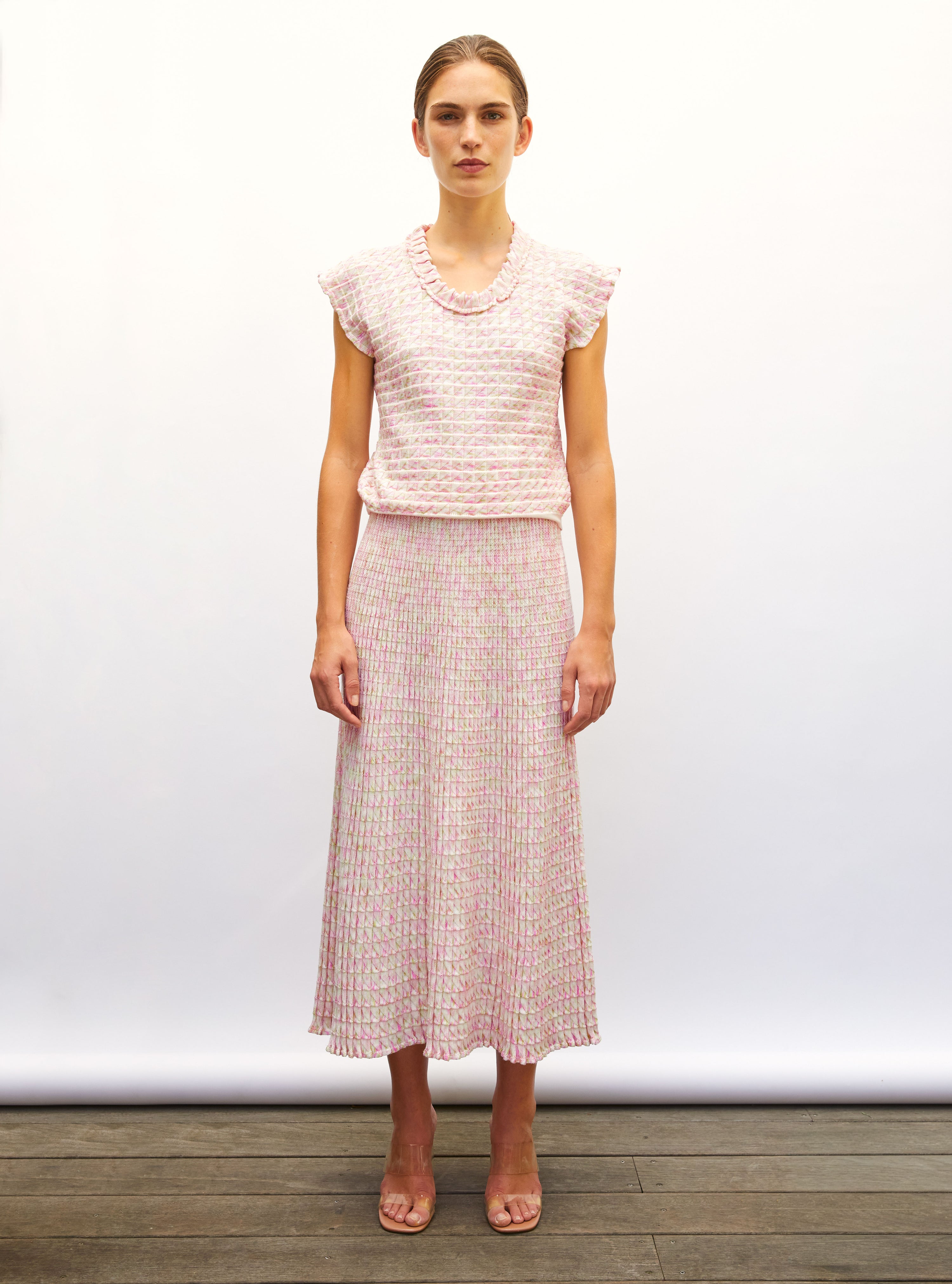 Jupe fluide maille origami naturel multi-rose - Vêtement en maille de luxe Molli