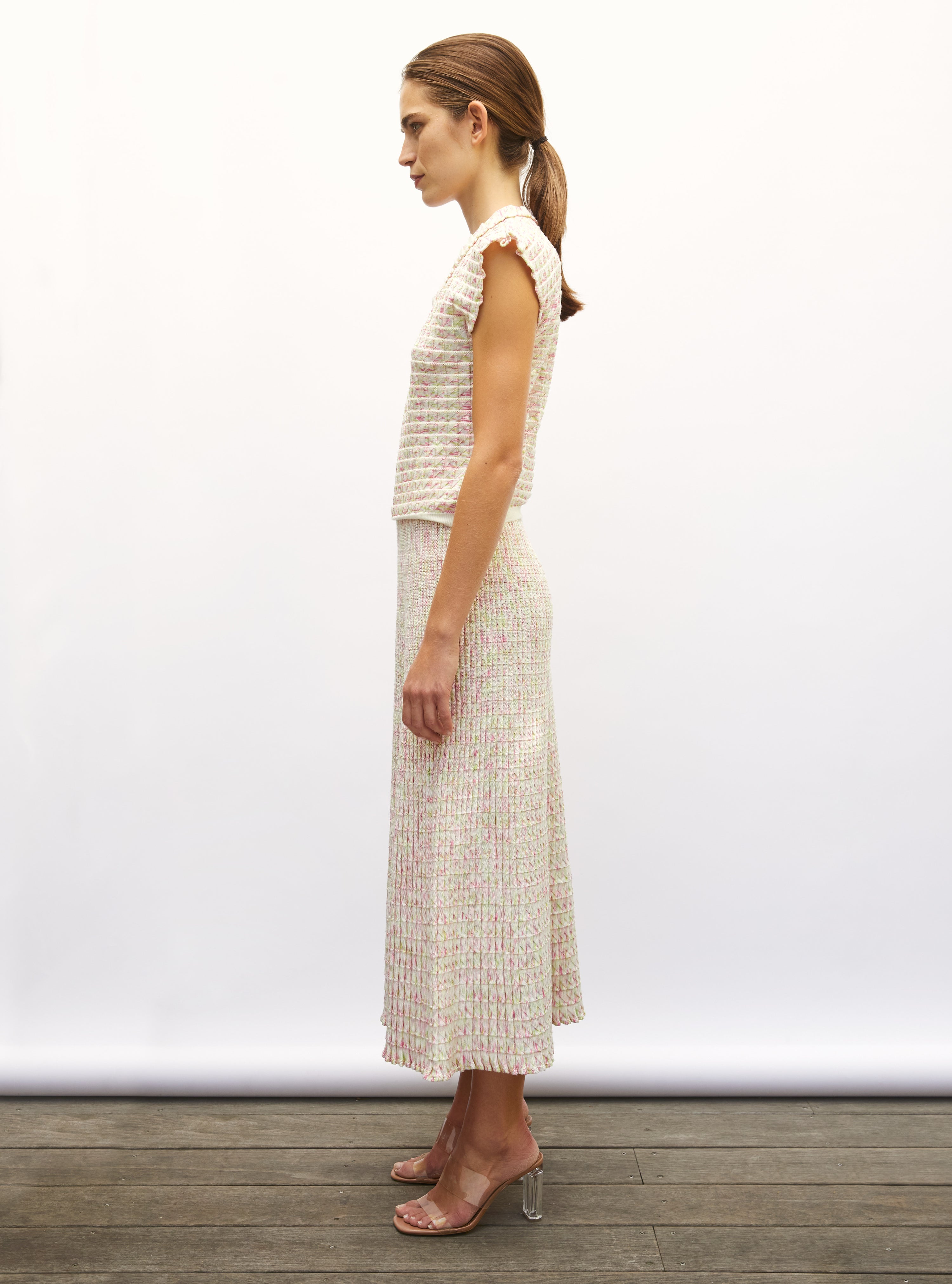 Jupe fluide maille origami naturel multi-rose - Jupe de luxe