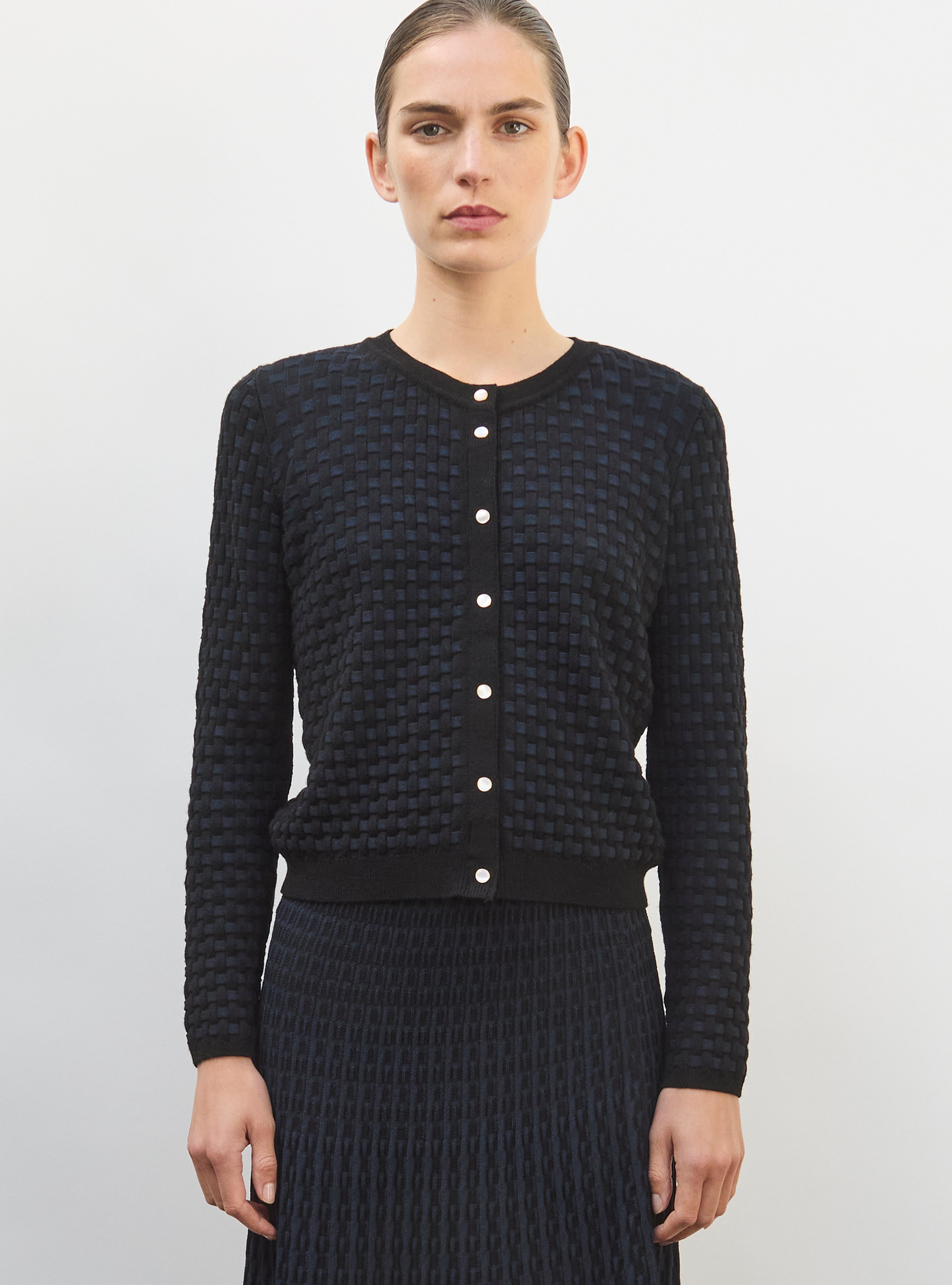Cardigan maille cannage  noir profond nuit - Vêtement en maille de luxe Molli