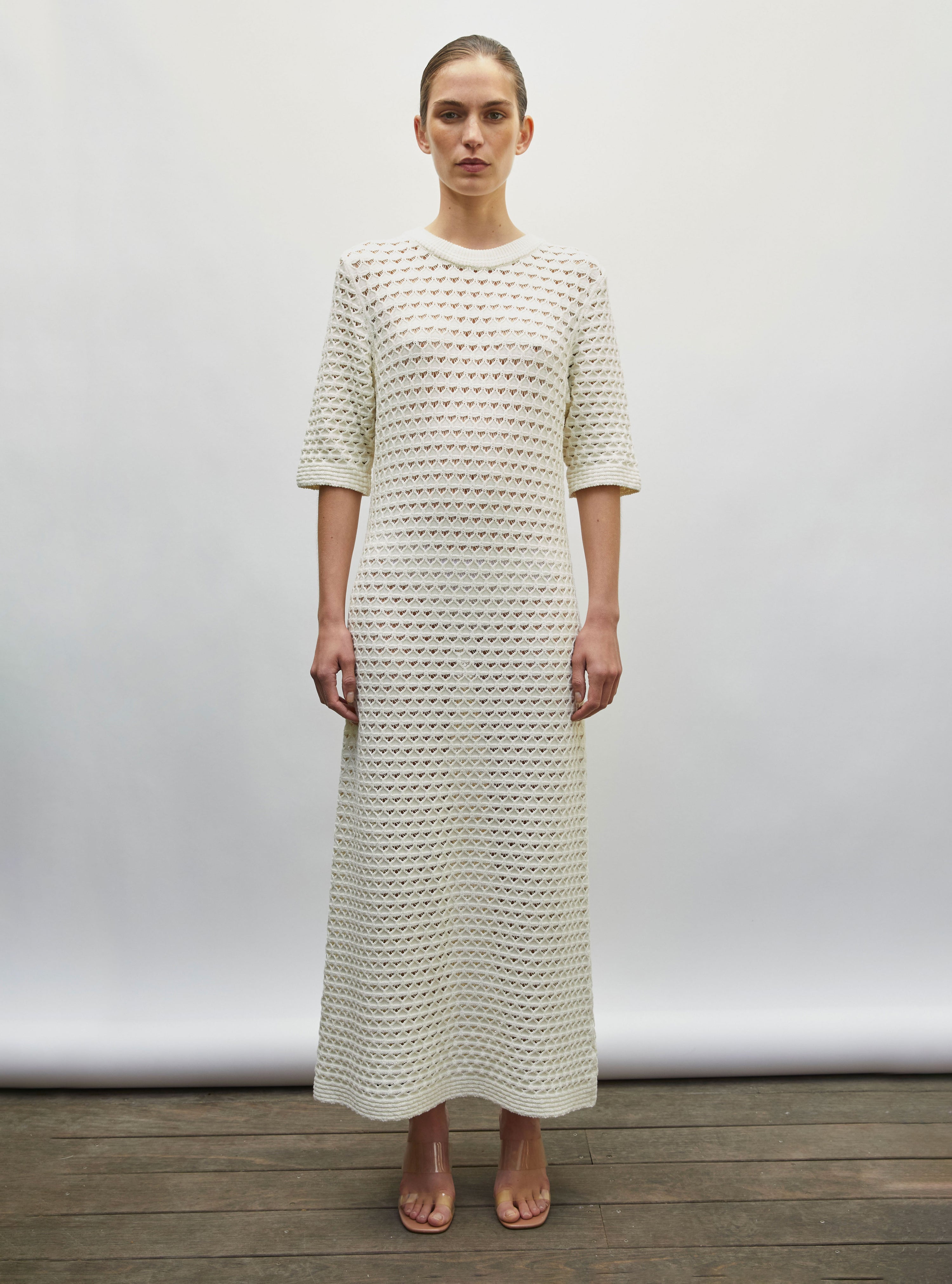 robe longue maille crochet naturel - Vêtement en maille de luxe Molli