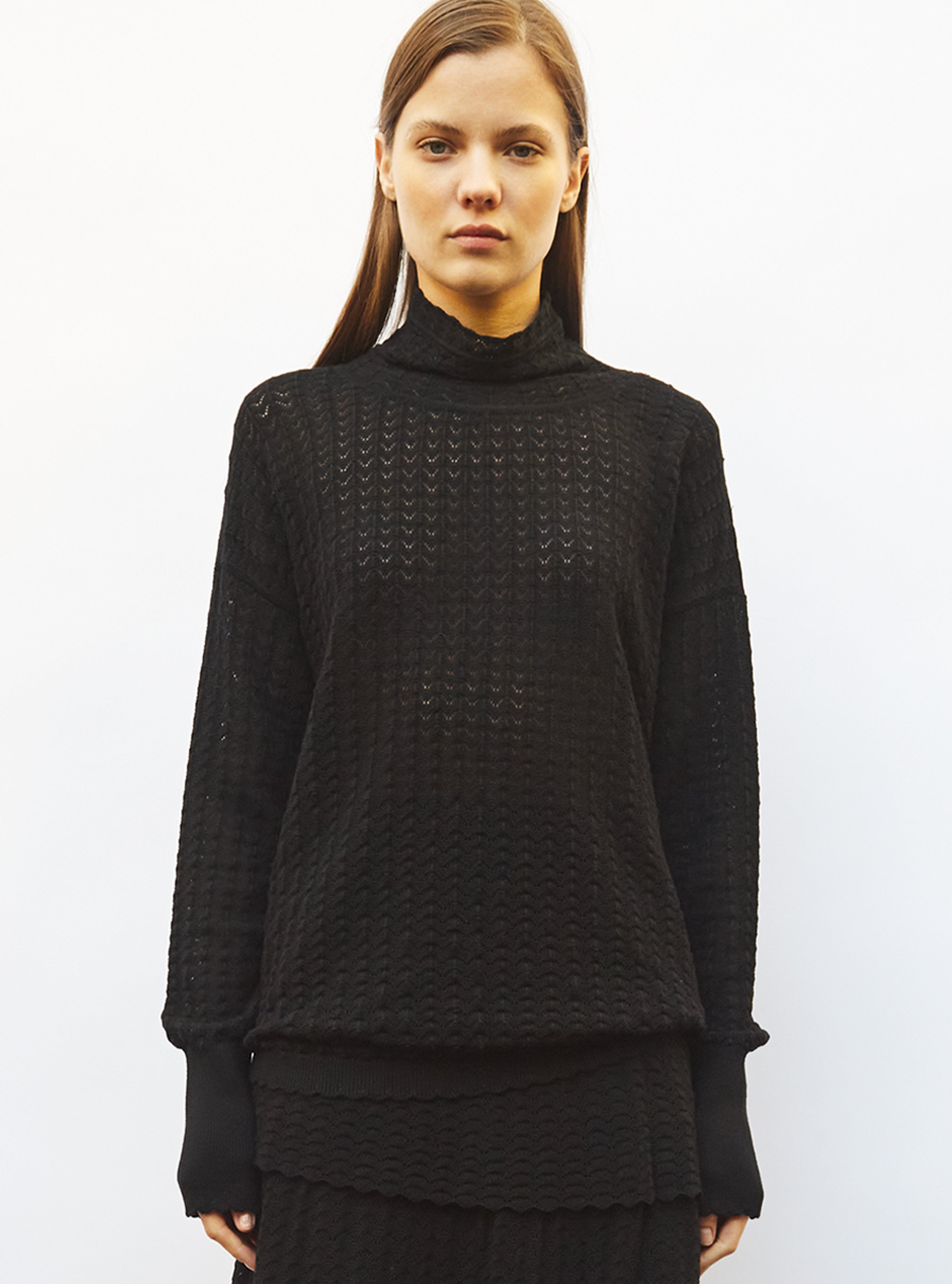 Top pointelle à col montant Noir Profond - Tops de luxe