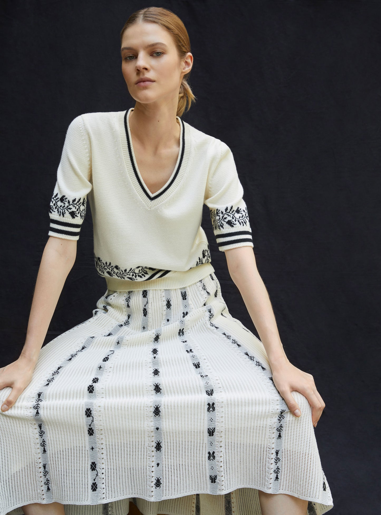 Top V maille jacquard naturel-noir profond 