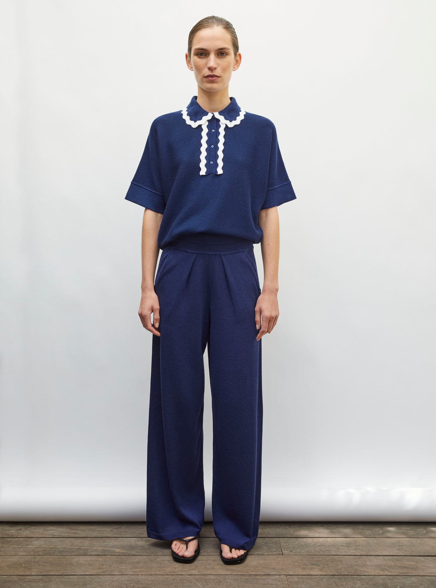 Pantalon fluide maille bleu faience - Vêtement en maille de luxe Molli