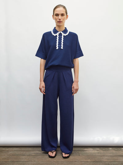 Pantalon fluide maille bleu faience - Vêtement en maille de luxe Molli