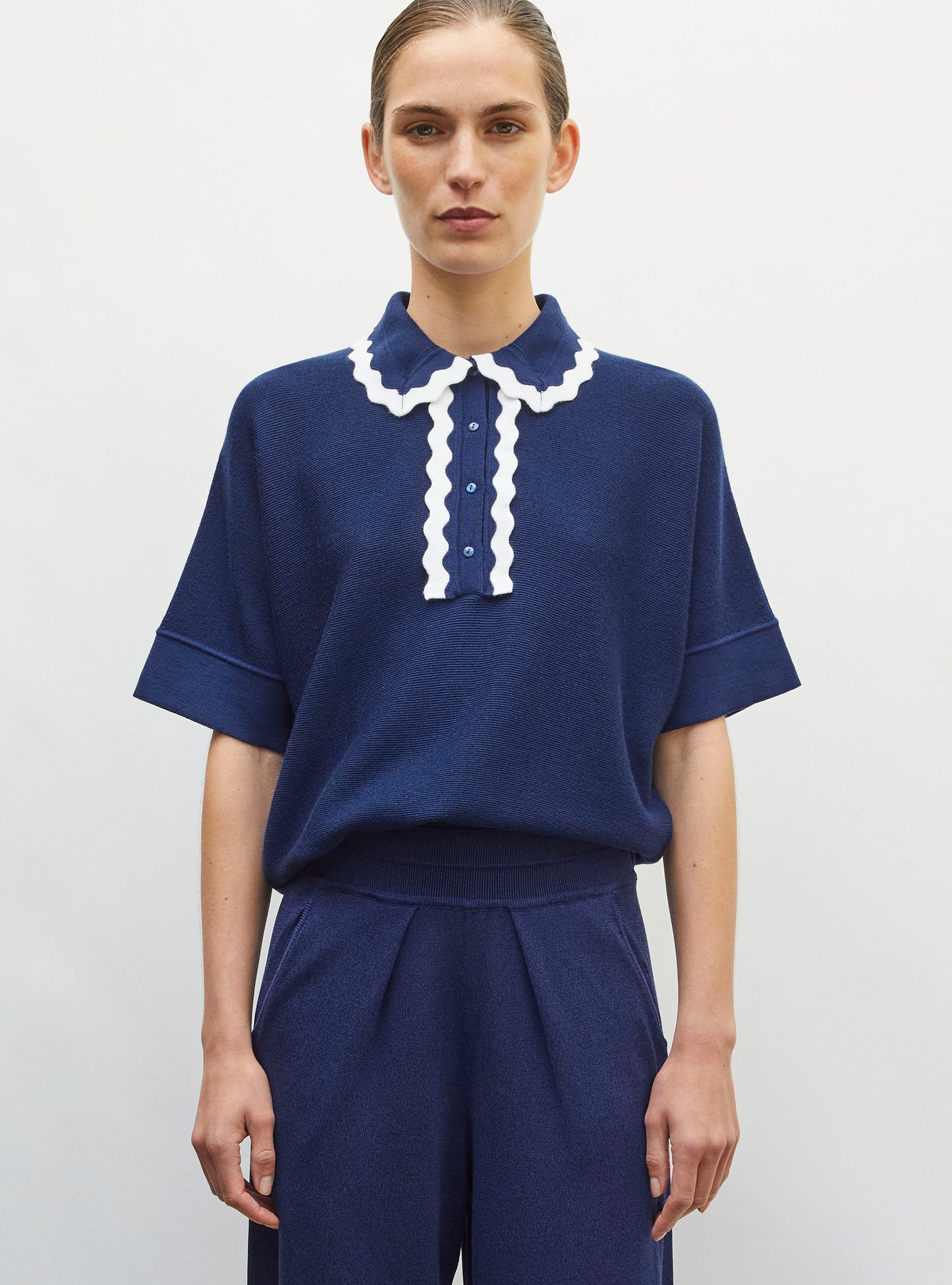 Top ample maille col croquet milk-bleu faience - Vêtement de luxe femme