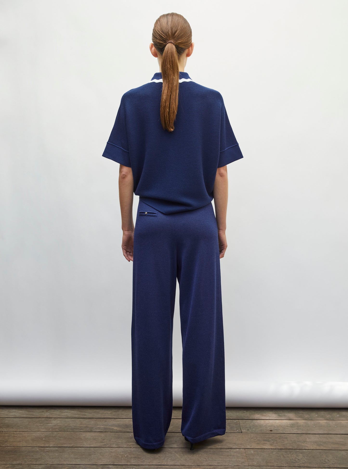 Pantalon de luxe femme - Pantalon fluide maille bleu faience
