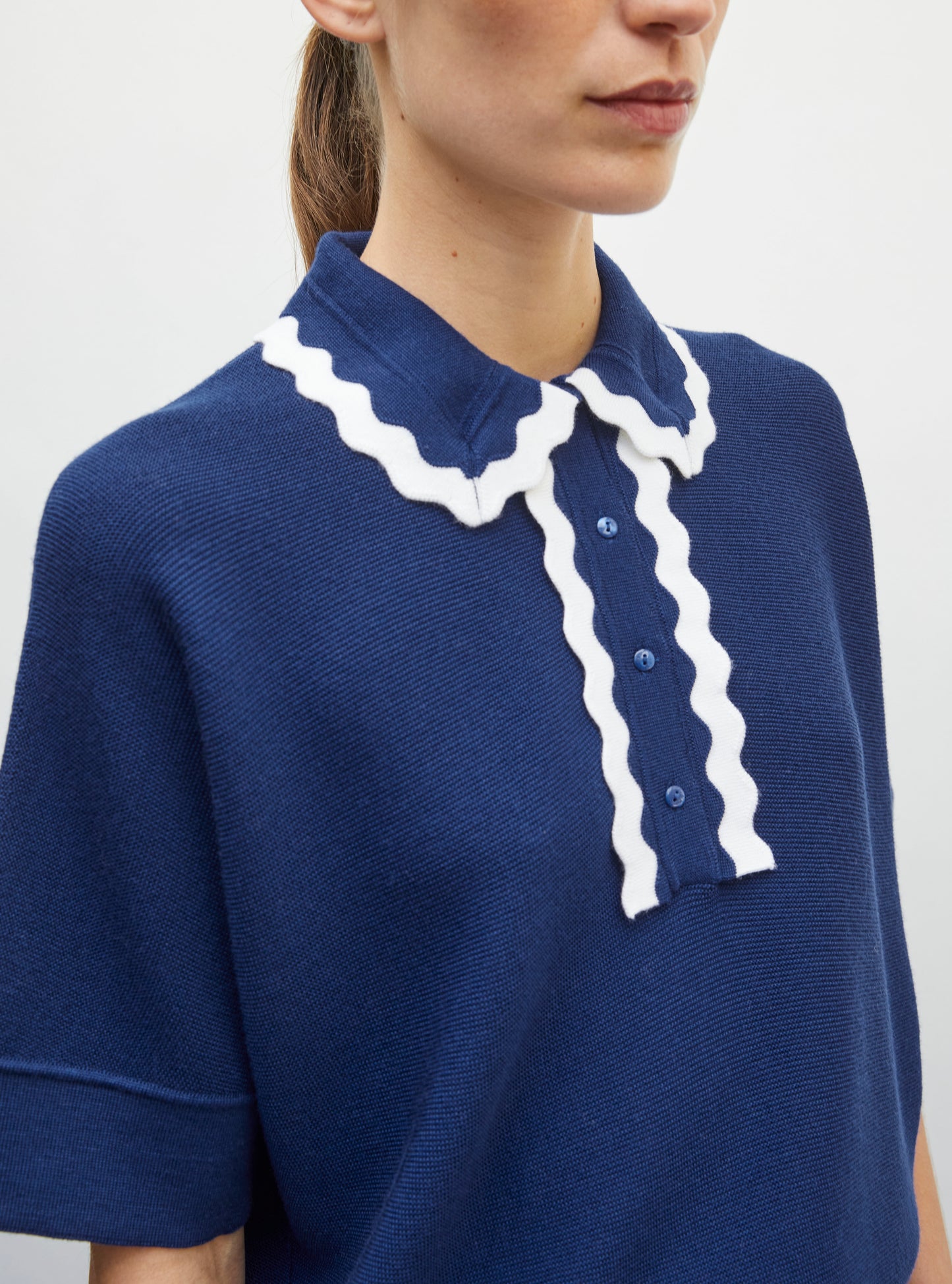Top en maille de luxe Molli - Top ample maille col croquet milk-bleu faience
