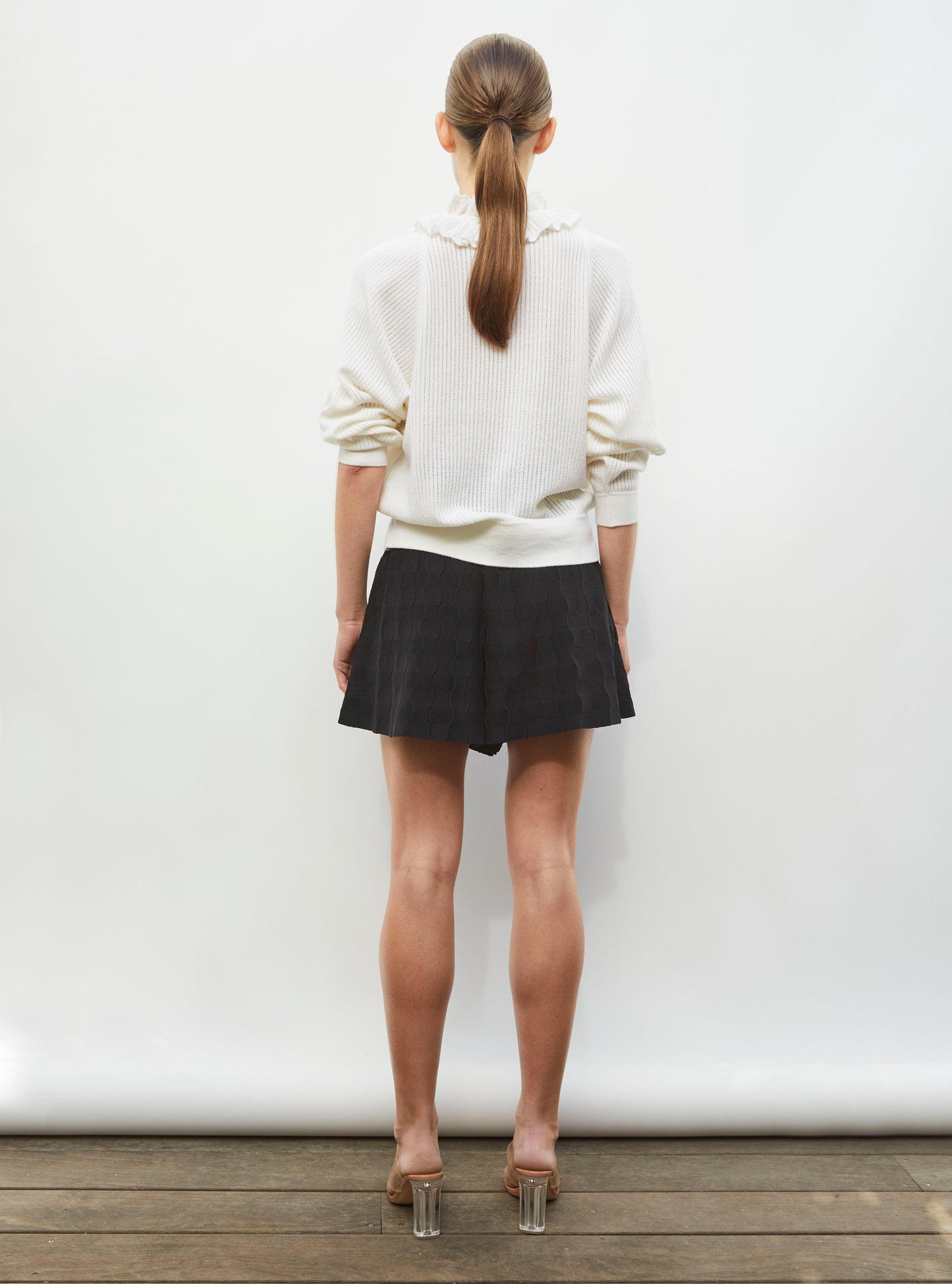 Pantalon de luxe femme - Short en maille vichy uni noir profond
