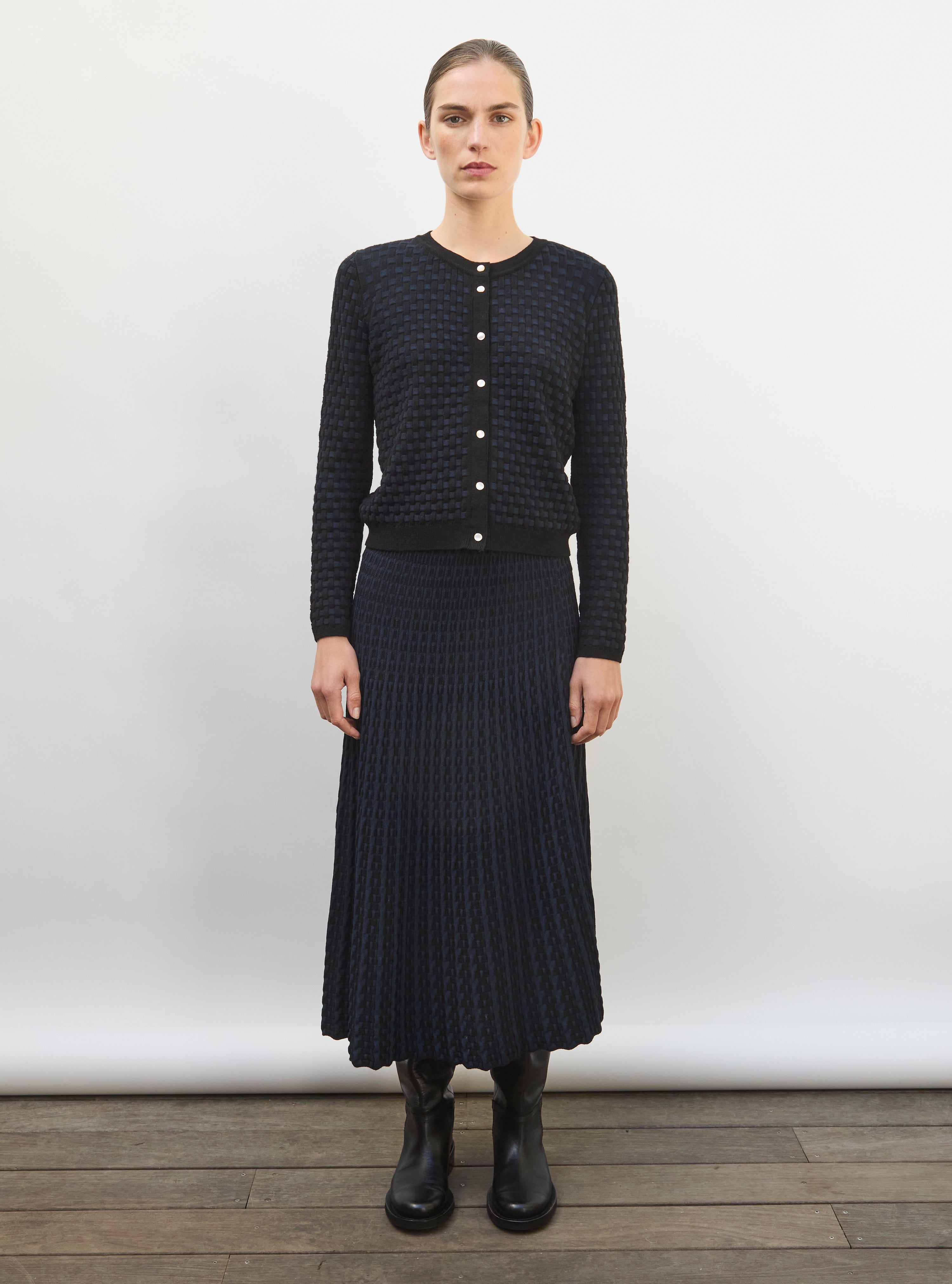 Jupe longue maille cannage noir profond-nuit - Vêtement en maille de luxe femme