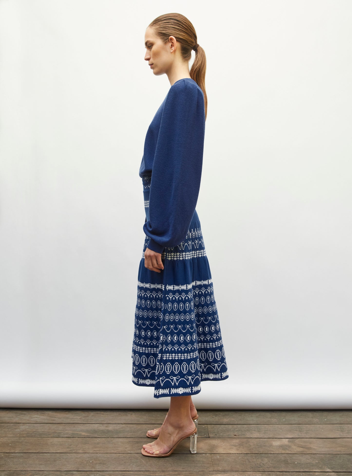 Jupe fine jacquard porcelaine bleu faience-milk - Jupe de luxe