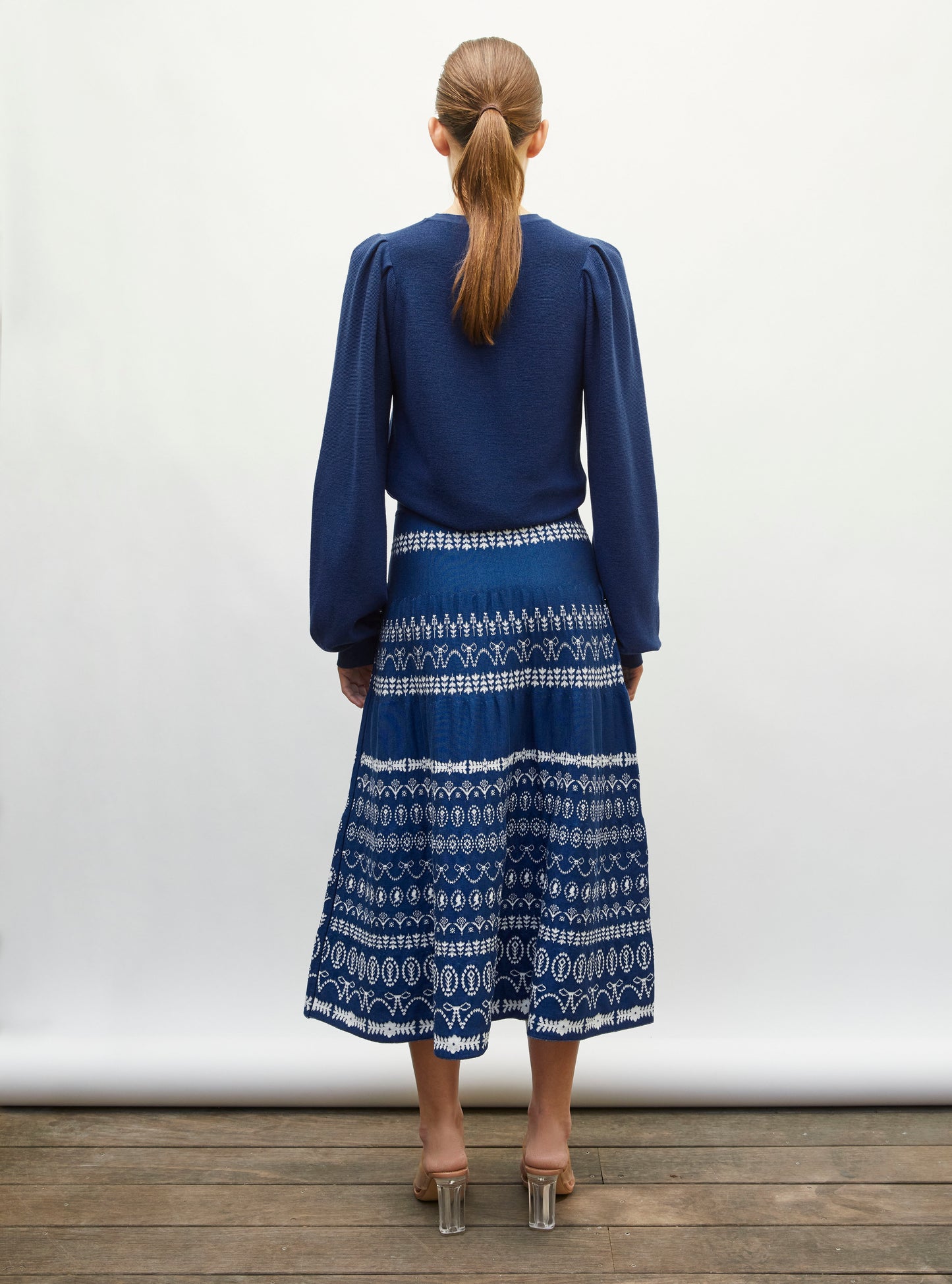 Jupe de luxe femme - Jupe fine jacquard porcelaine bleu faience-milk