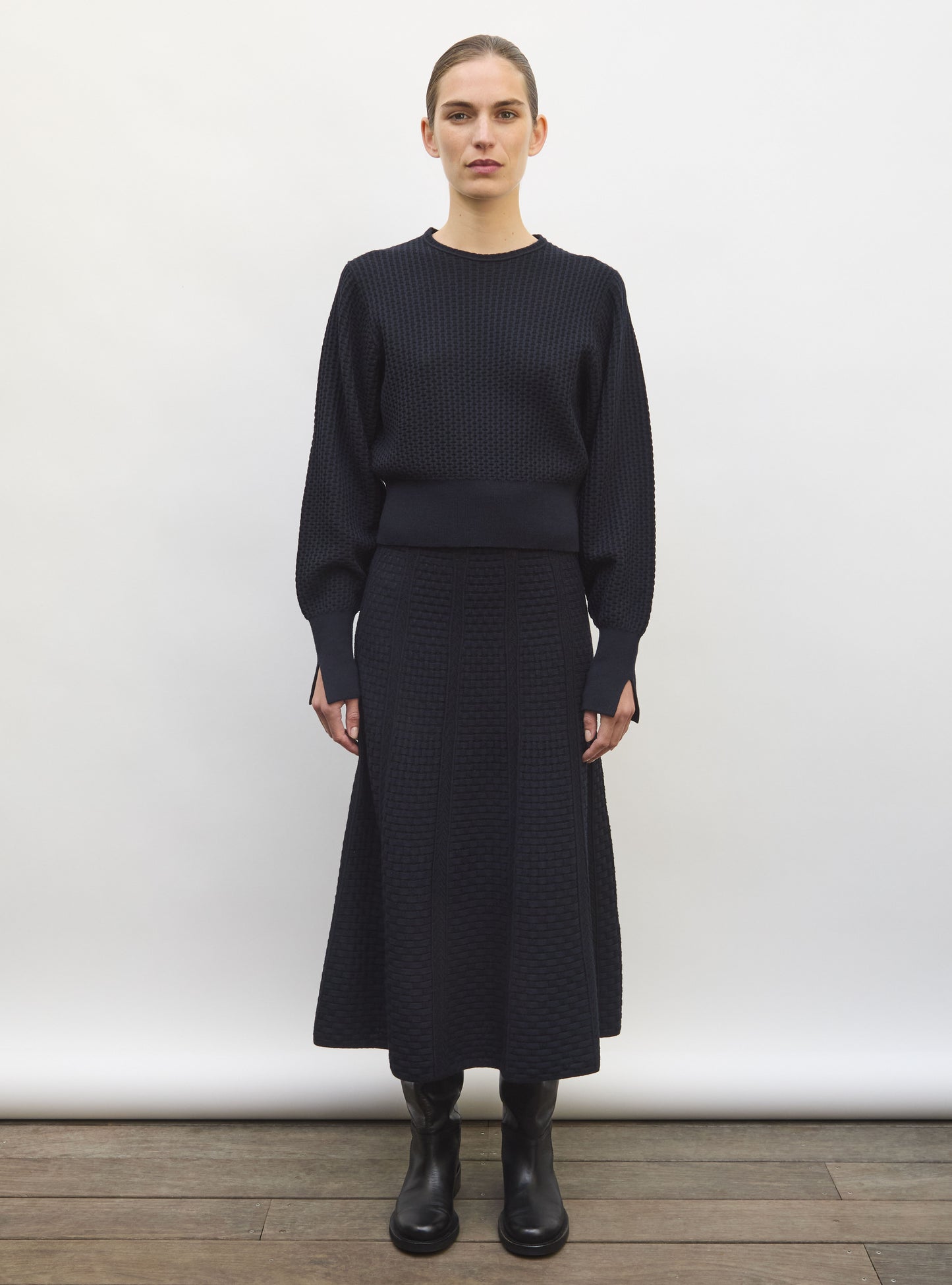 Jupe en maille panier tressé  nuit noir profond - Vêtement en maille de luxe Molli