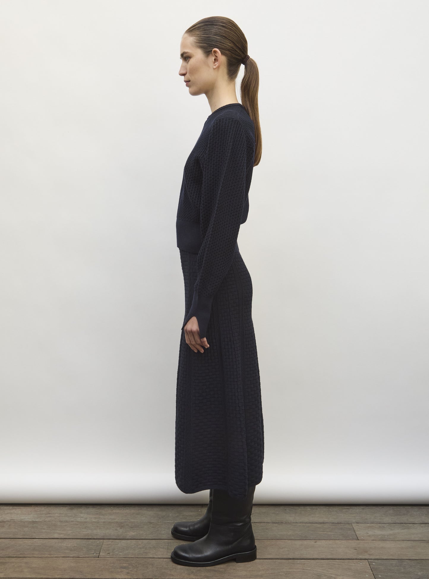 Jupe en maille panier tressé  nuit noir profond - Jupe de luxe
