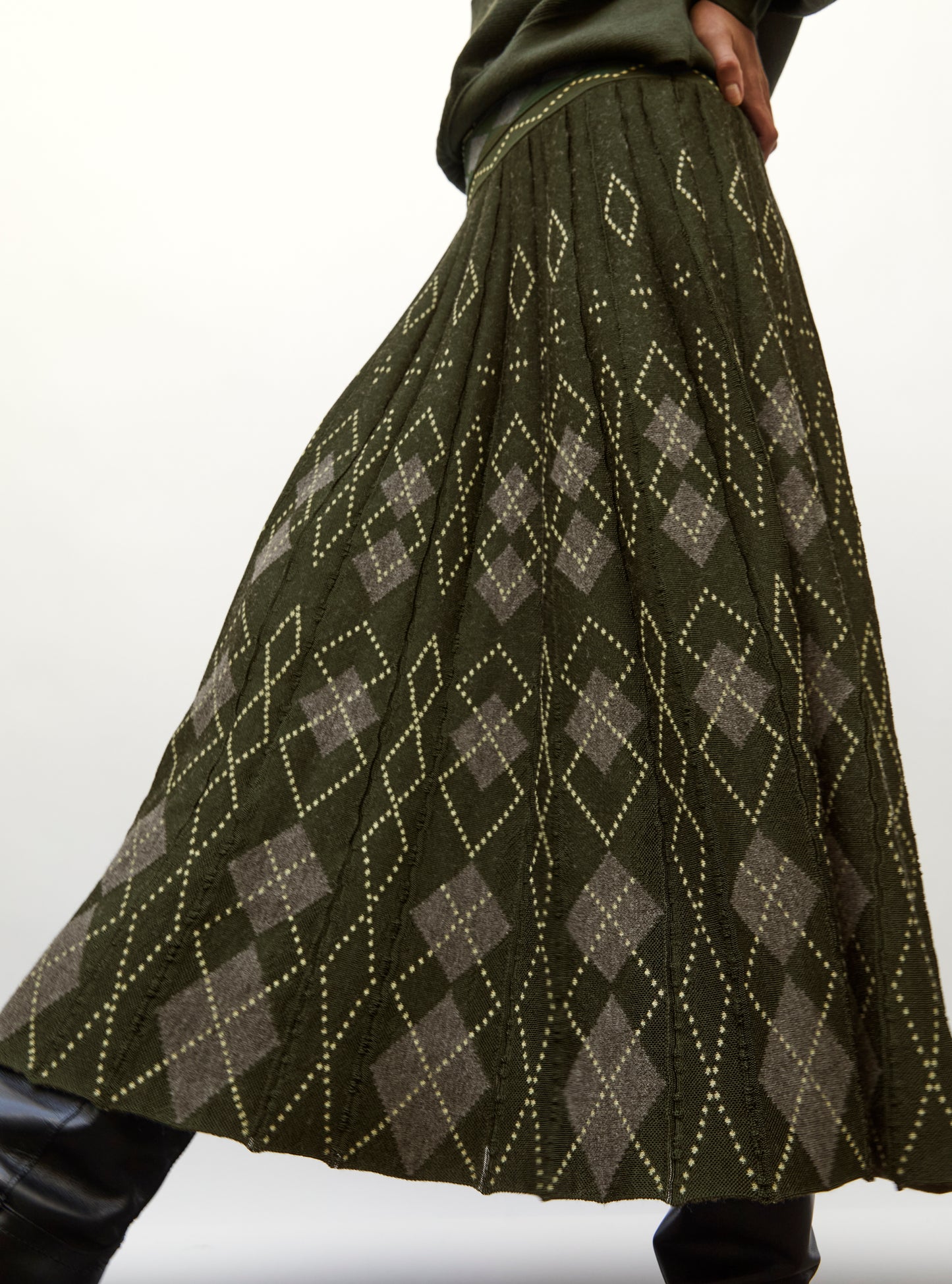 Jupe en maille de luxe Molli - Jupe fluide maille argyle kaki-multi