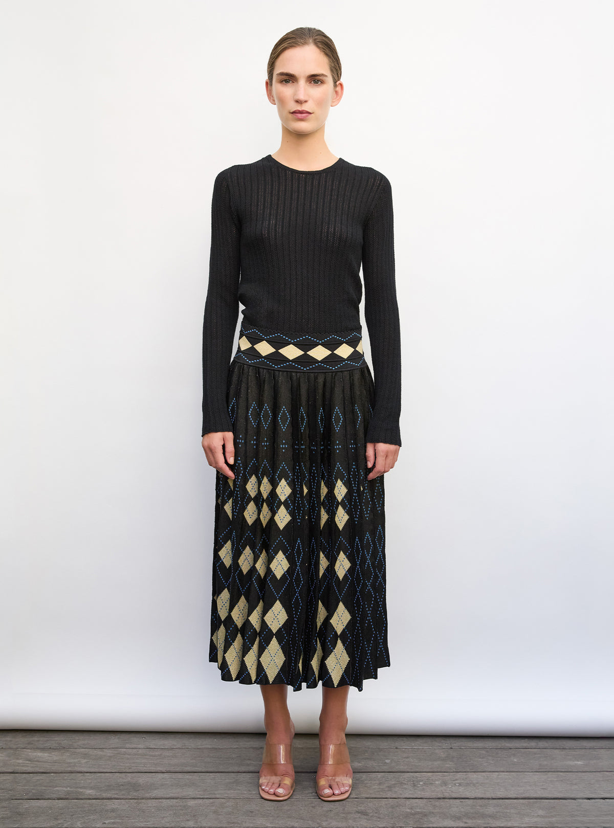 Jupe fluide maille argyle noir profond-multi - Vêtement en maille de luxe Molli