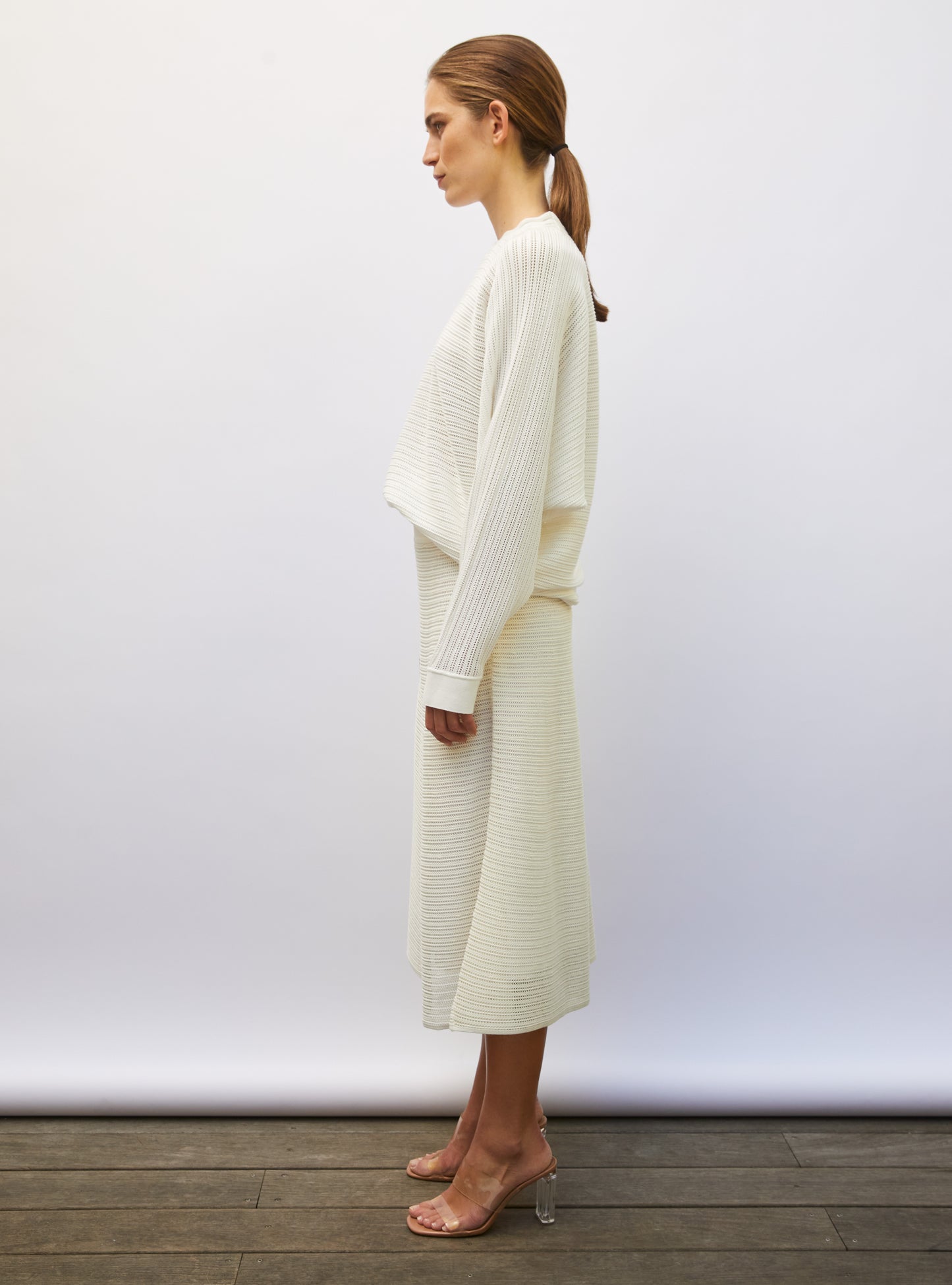 Jupe longue de luxe femme - Jupe longue maille pointelle milk