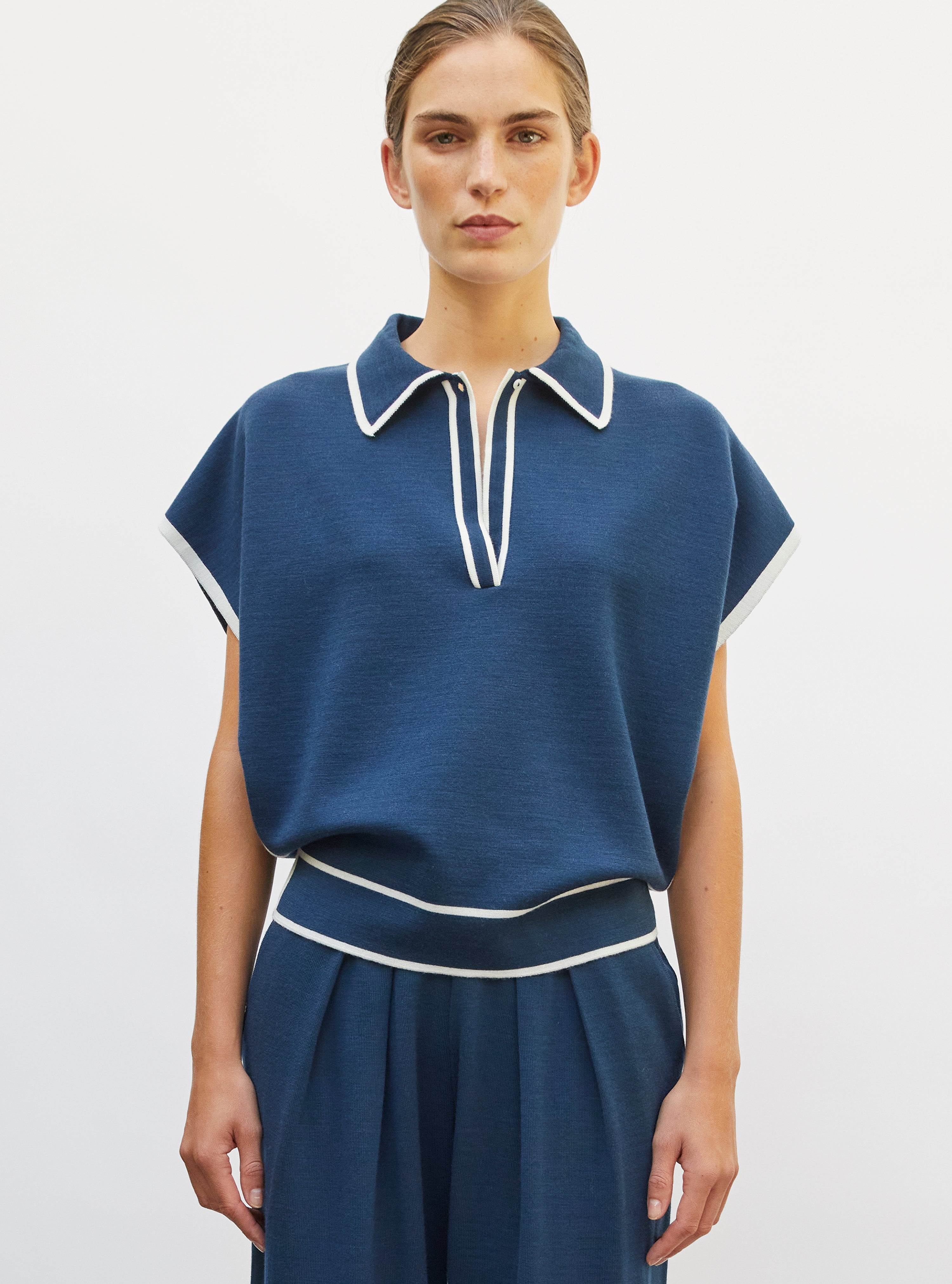 Top ample maille col gansé blueberry - Vêtement en maille de luxe Molli