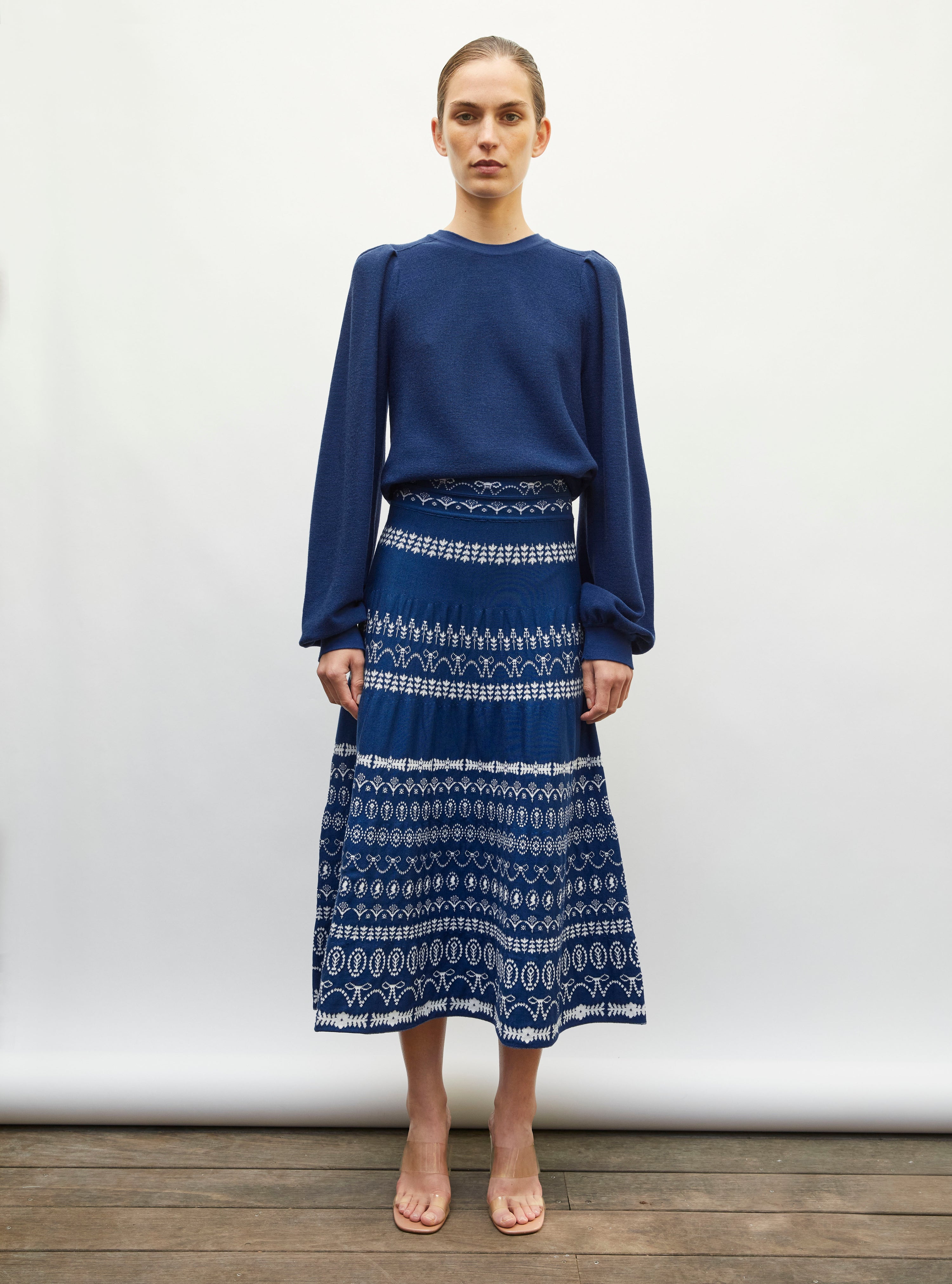 Pull fin manches froncées bleu faience - Vêtement en maille de luxe Molli