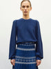Pull fin manches froncées bleu faience - Vêtement de luxe femme