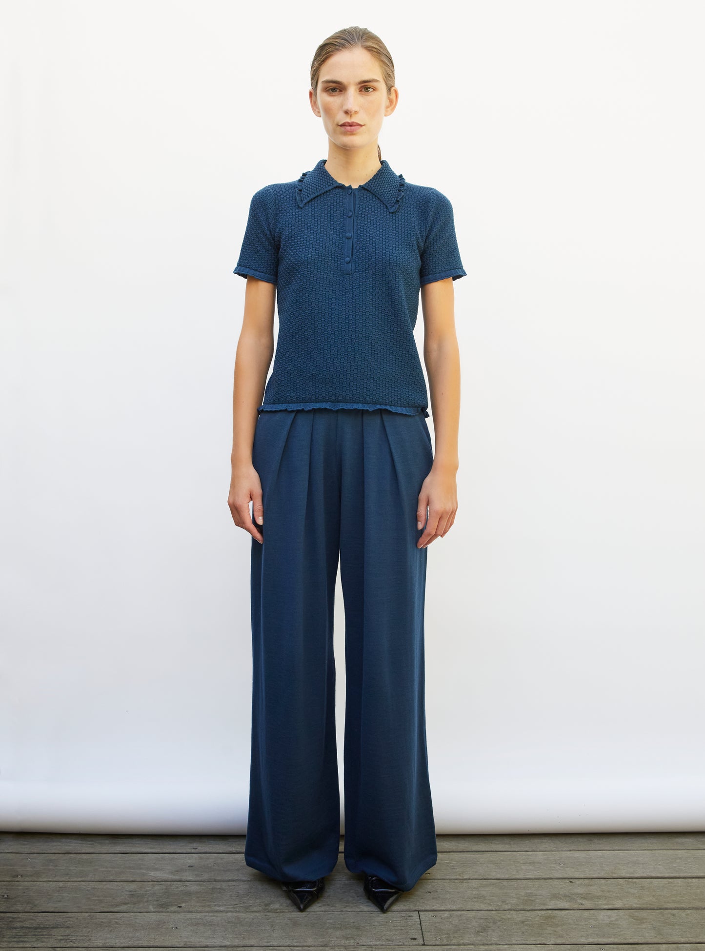 Polo de luxe femme - Polo fin col volanté blueberry