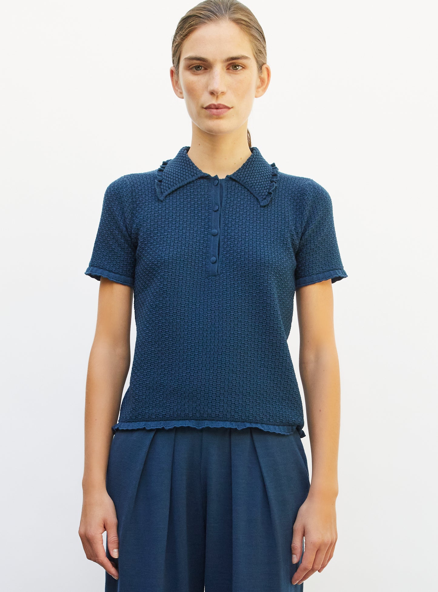 Polo fin col volanté blueberry - Vêtement en maille de luxe Molli