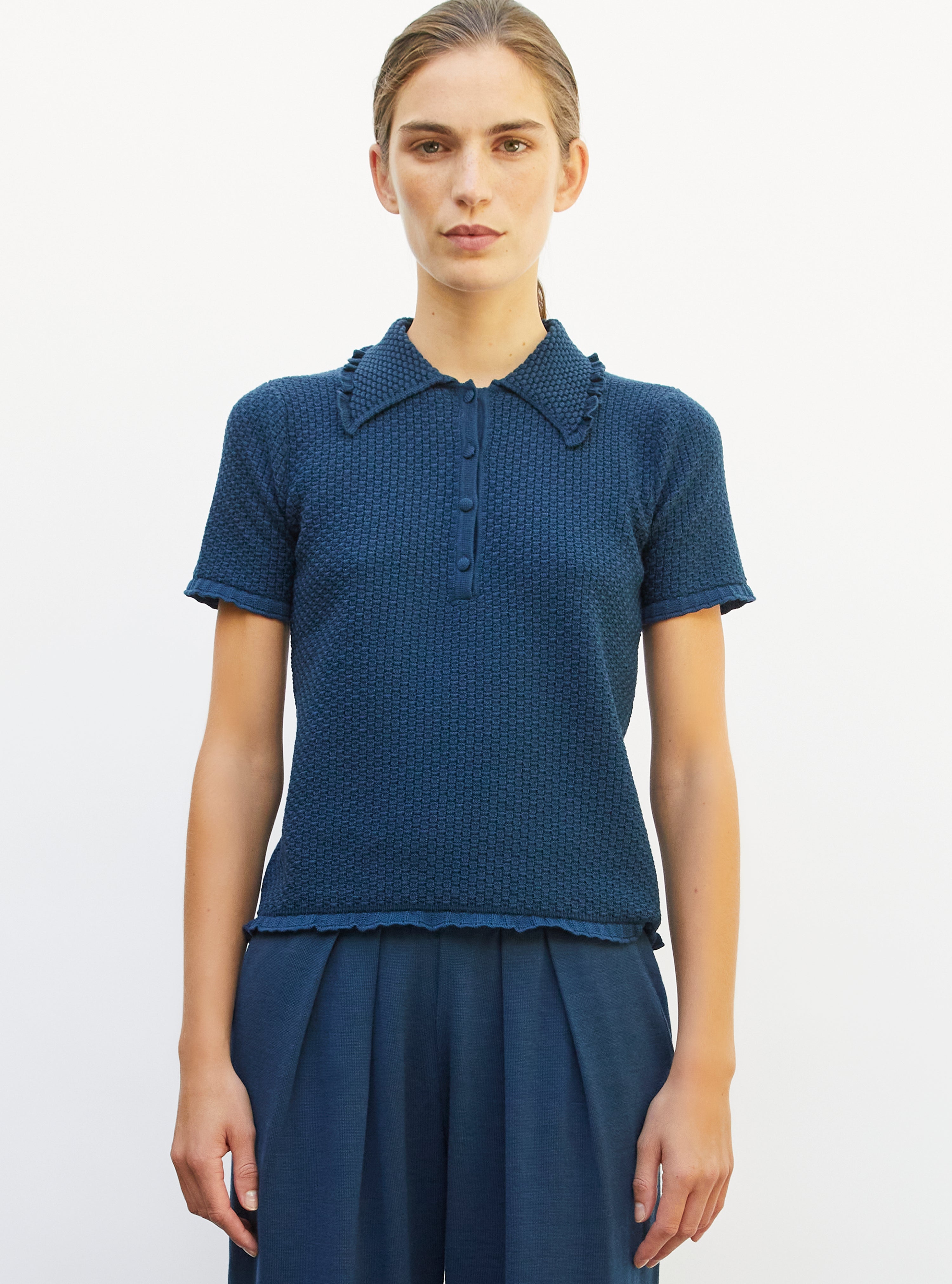 Polo fin col volanté blueberry - Vêtement en maille de luxe Molli
