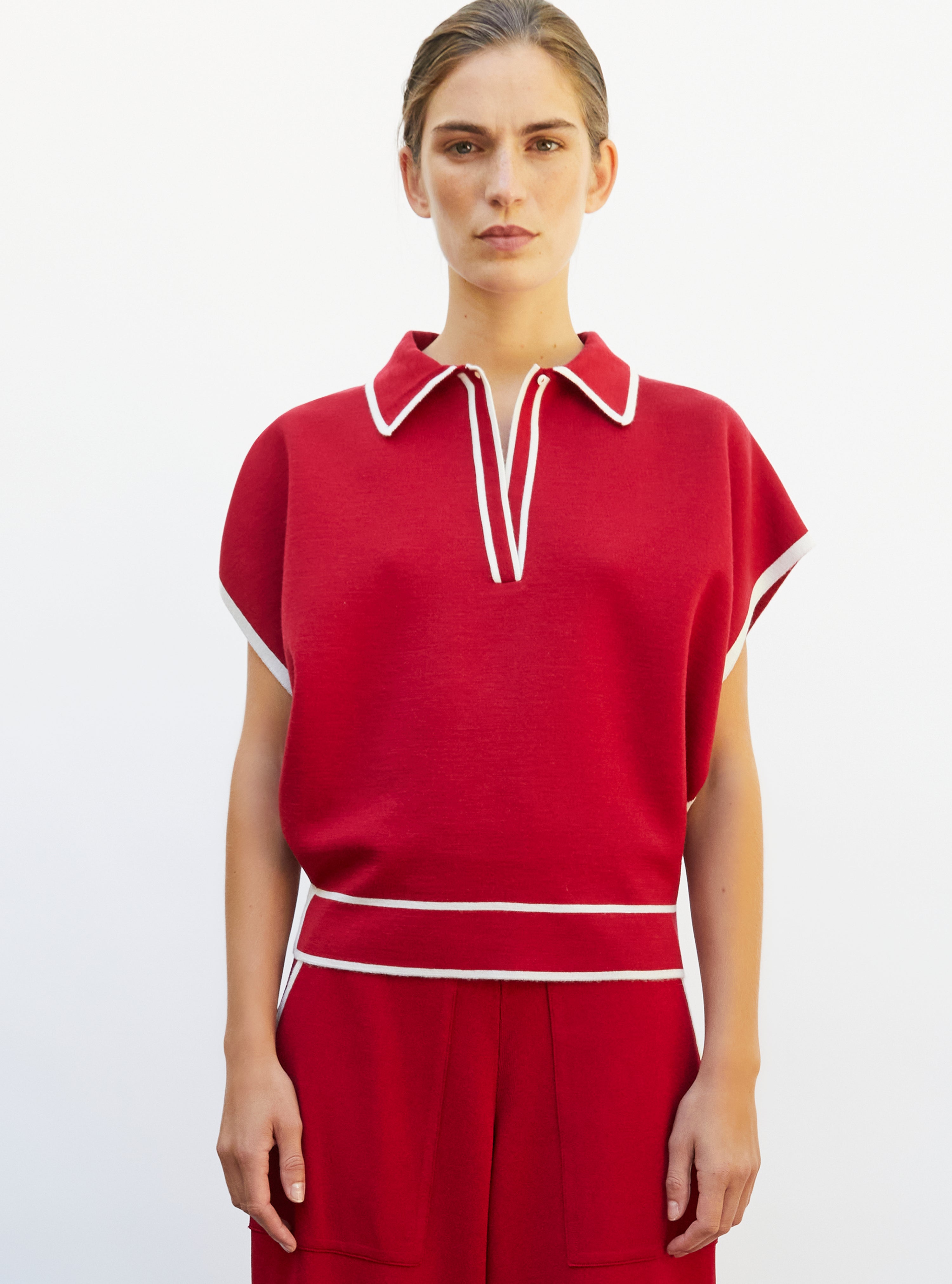 Top ample maille col gansé grenat-naturel - Vêtement en maille de luxe Molli