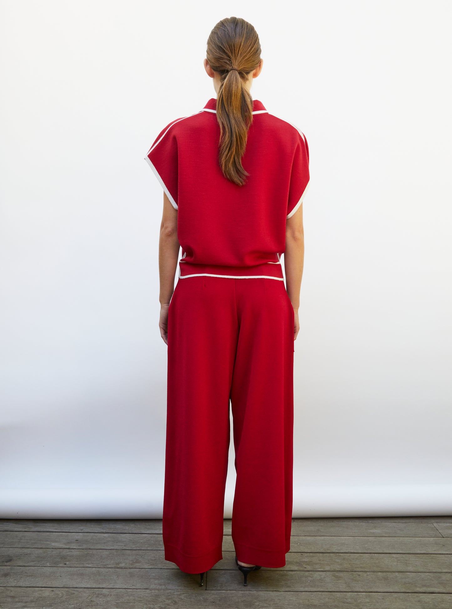 Pantalon ample maille couture grenat-naturel - Pantalon de luxe