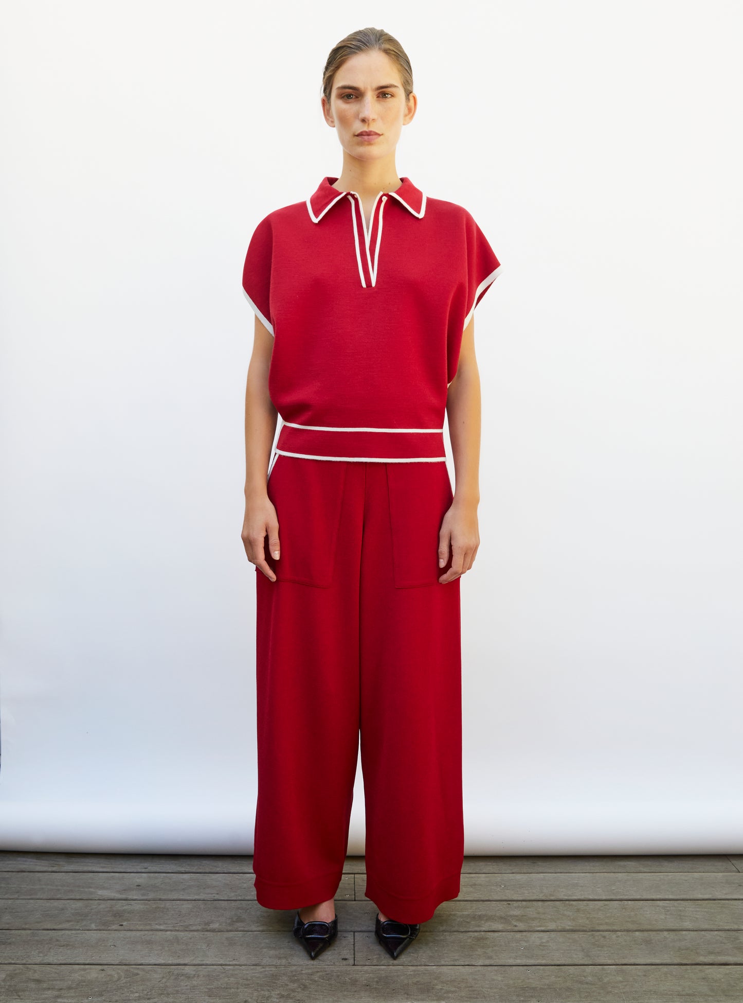 Pantalon ample maille couture grenat-naturel - Vêtement en maille de luxe Molli