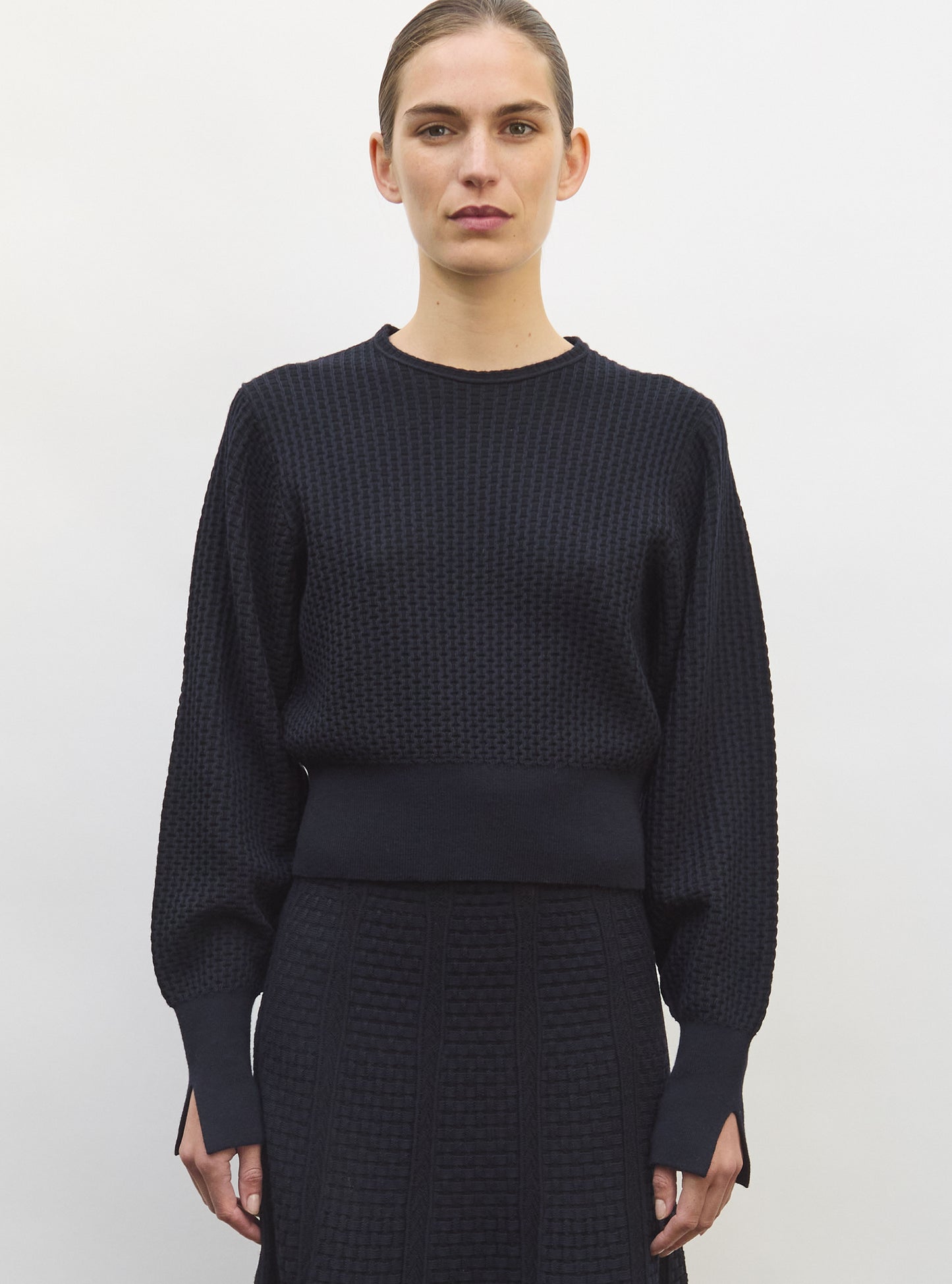 Top fin maille mini-cannage  nuit noir profond - Vêtement de luxe femme