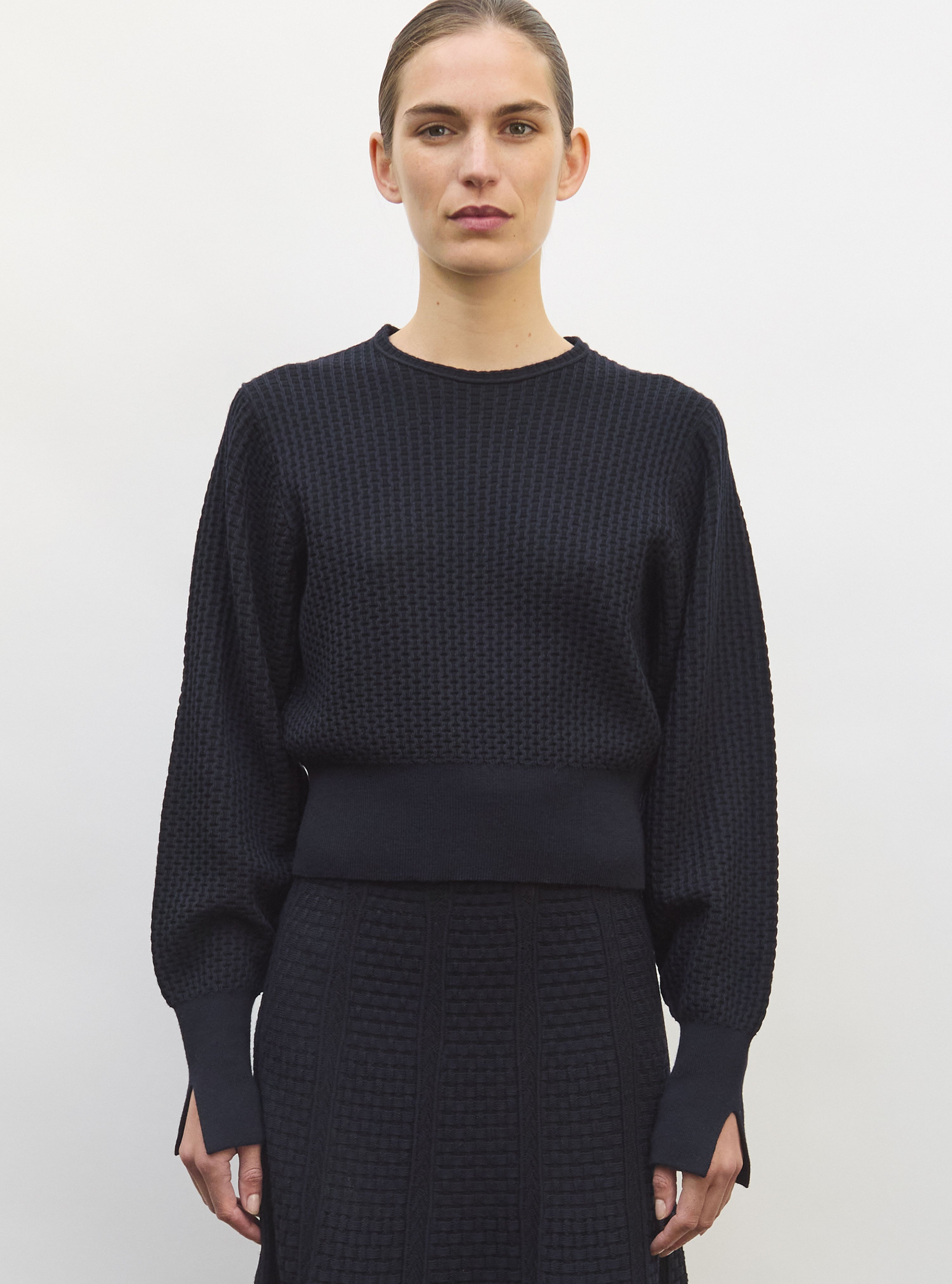 Top fin maille mini-cannage  nuit noir profond - Vêtement de luxe femme