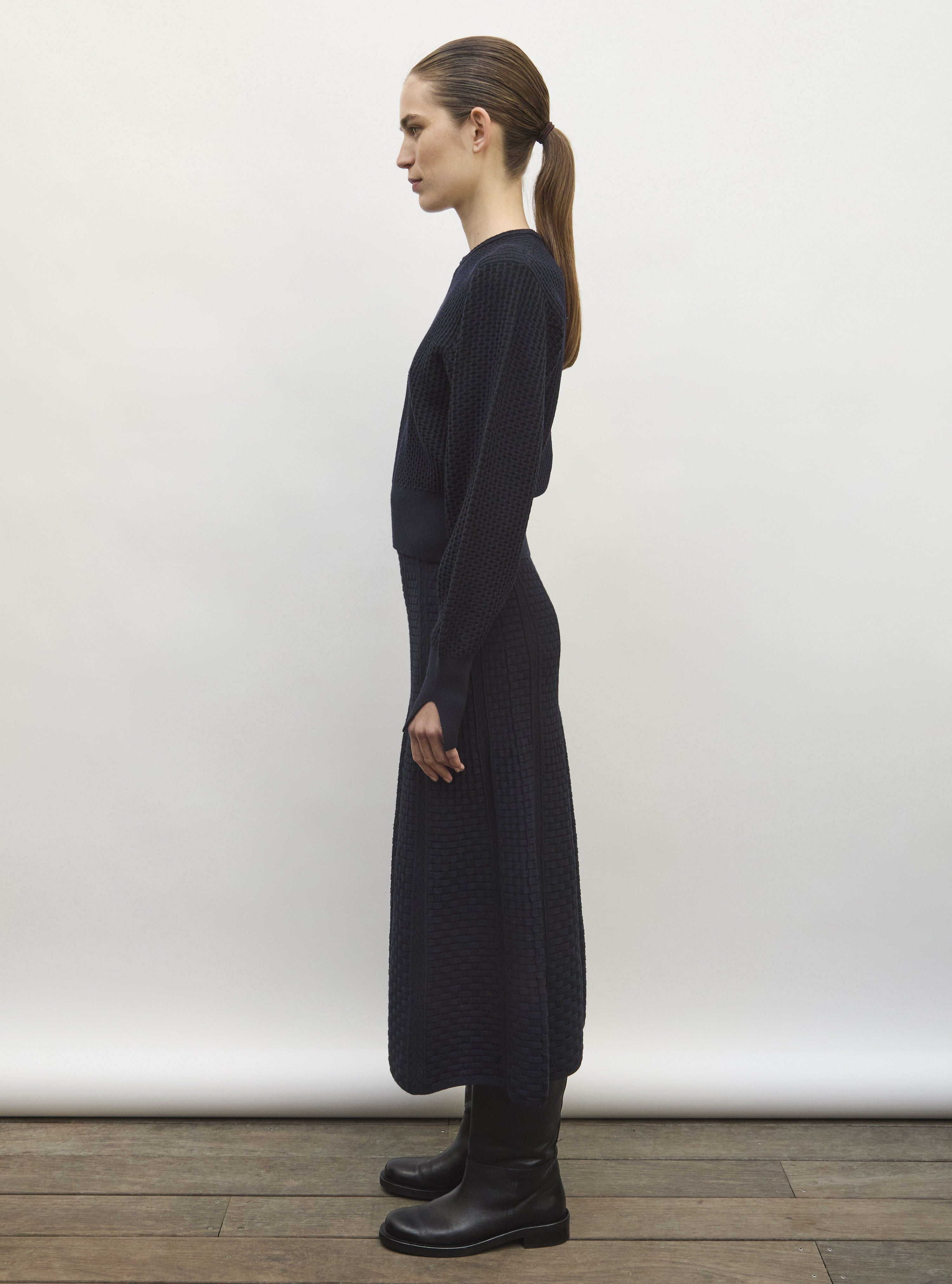 Top fin maille mini-cannage  nuit noir profond - Top de luxe