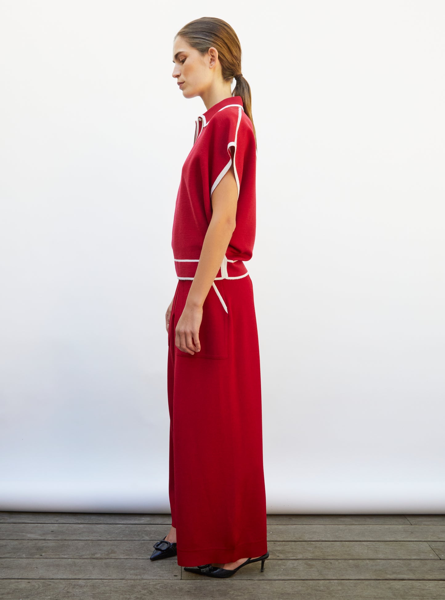 Top ample maille col gansé grenat-naturel - Top de luxe